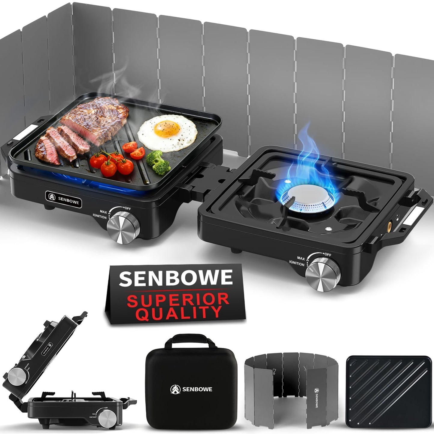 2-Burner Pro Camping Stove,24000 BTU Camp Stove,Foldable Propane Stove Includes Carry Bag,Windscreen Griddle, Portable Stove,Camping Essentials,Suitable For Outdoor Cooking,Tailgating,Grilling (Black)