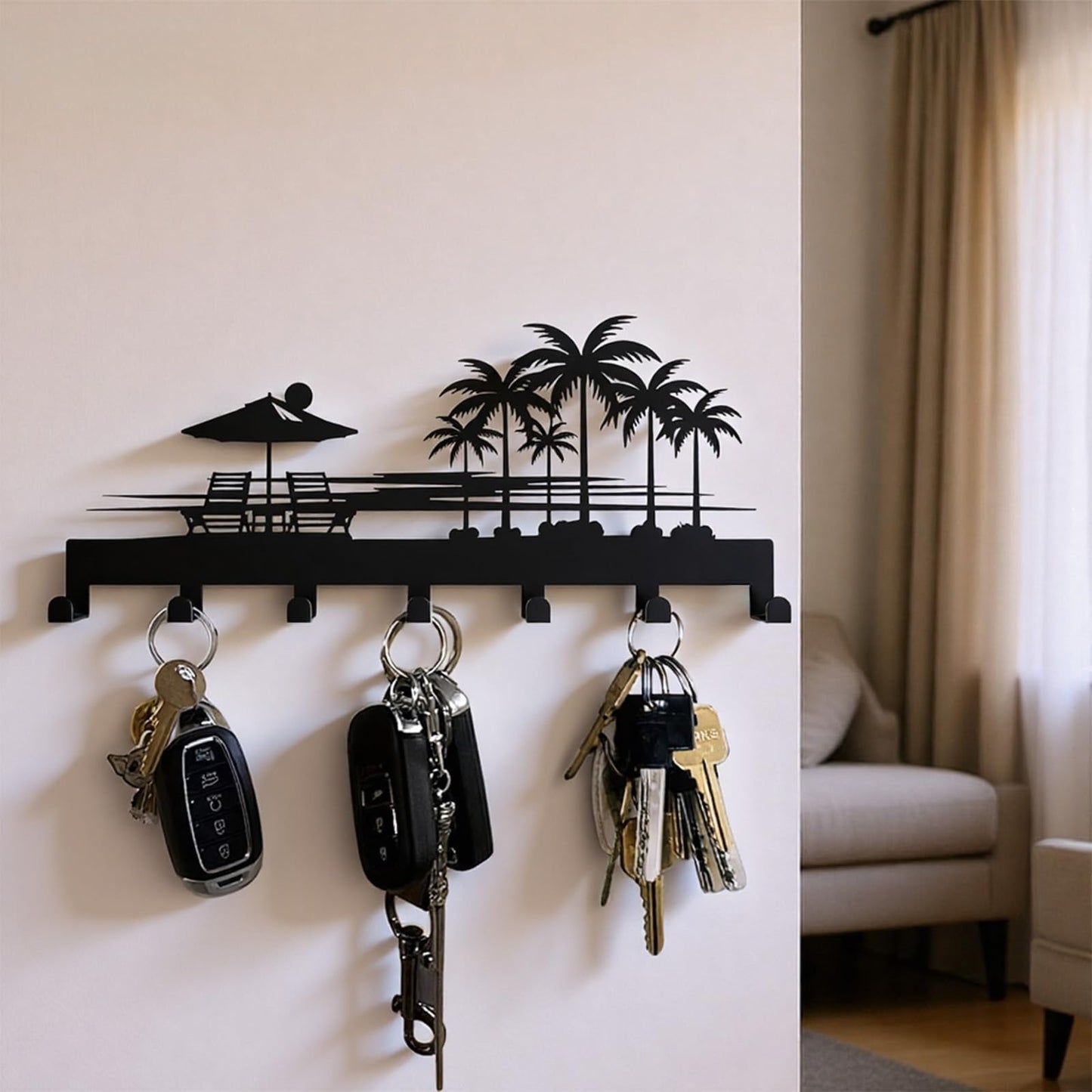 useNumber Tropical Style Key Holder Wall Mount with 7 Hooks, Key Hanger Organizer for Front Door, Hallway, Entryway & Office Decor, Featuring Sunset and Coconut Tree Design