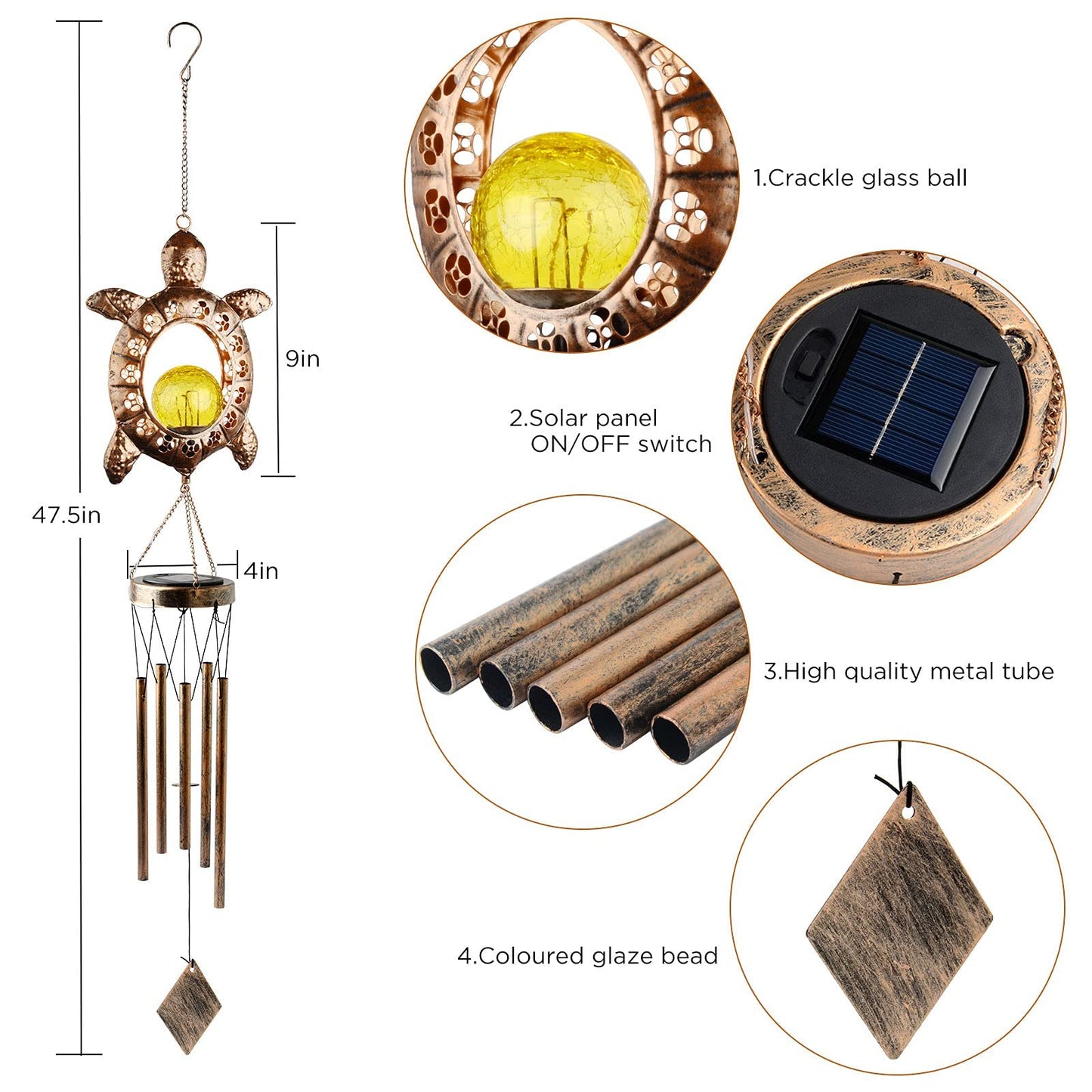 Solar Turtle Wind Chimes, Tortoise WindChimes, Light Windchime Outdoor, Moon Shape Light Outdoor,Garden Decor, Yard Decor, Gifts for Women, mom, Grandma