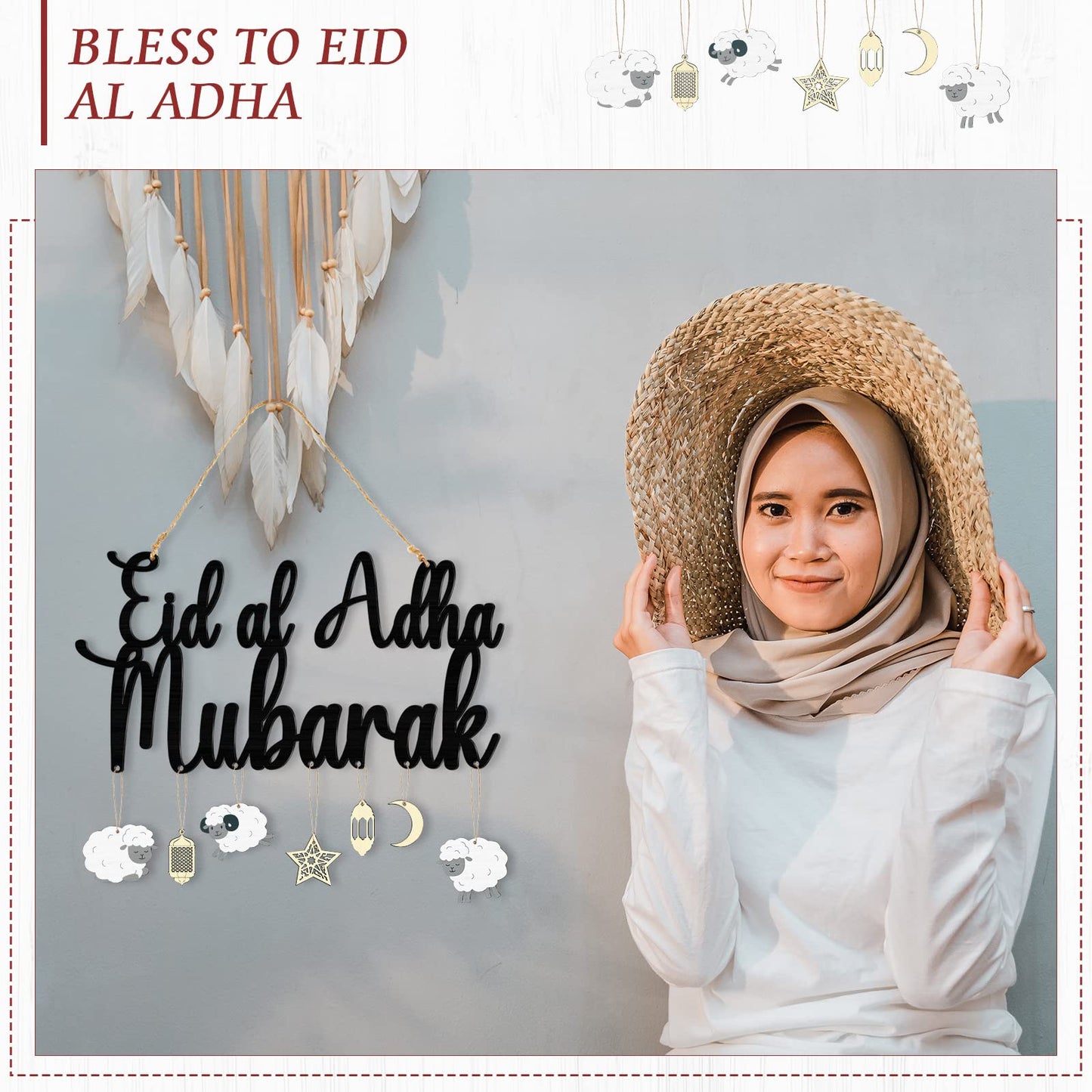 Eid Al Adha Decoration Eid Al Adha Wooden Pendant Ornament Mubarak Eid Hanging Decoration Ramadan Mubarak Eid Al Adha Mubarak Hanging Sign Decorations for Home Ramadan Mubarak Eid Party