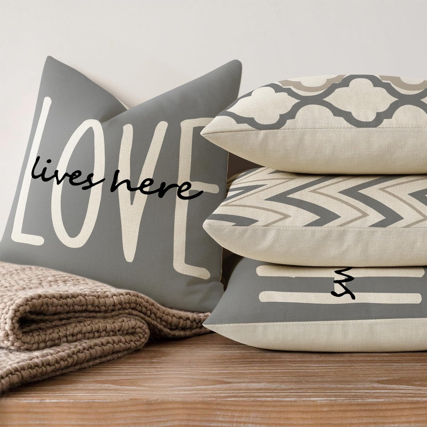 YCOLL Farmhouse Throw Pillow Covers 18x18 Set of 4 Rustic Linen Square Decorative Cushion Covers for Couch Sofa Bedroom Home Decor