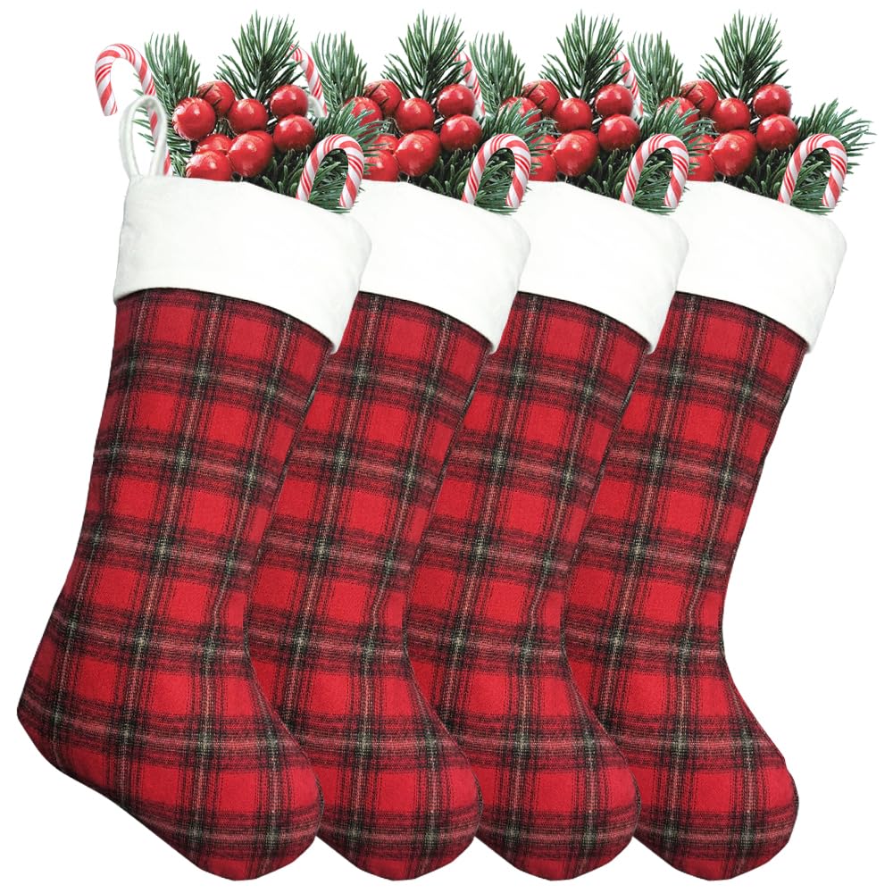 aokansha 4 Pack Buffalo Plaid Christmas Stockings 20'' Large Xmas Stocking with Plush Cuff Hanging Stocking Decoration for Holiday Home Wall Fireplace Christmas Tree Decor Kids Gift Ornaments Décor