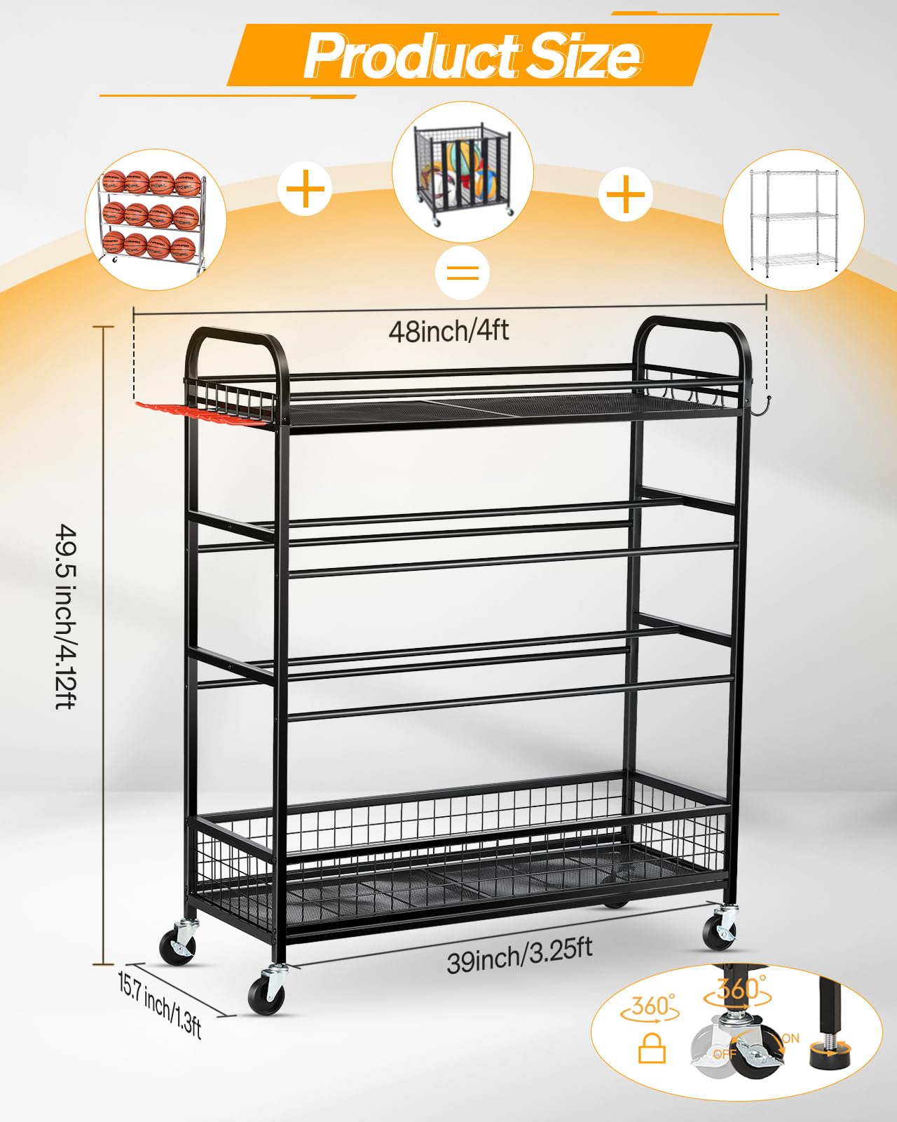 EXTCCT Garage Sports Equipment Organizer - Rolling Ball Storage Bin with Wheels, Garage Sports Gear Rack Outdoor Basketball Racks for Balls with Baseball Bat Holder and Hooks, Toy Organizer