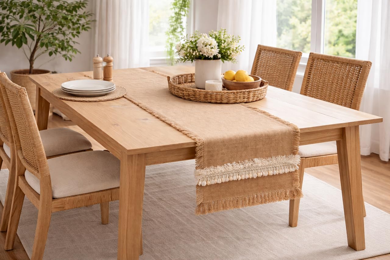 WWW.THROWPILLOW.IN Jute Table Runner with Fringe &Kowri Shell Table Runner 14x72 Inches Fits 5 Feet TV Unit Cabinet, Center Table, Coffee Table, Dining Table, Entry Console Diwali Festive Decor