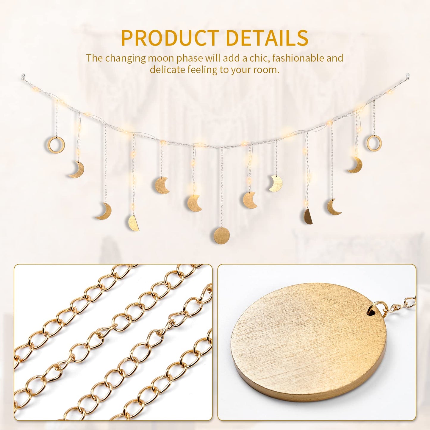 Brmeday Moon Phase Wall Decor with LED String Light, 13 Gold Wood Boho Wall Hanging Decor Mood Garland 56'' - Celestial Phases Moon Decoration in Bohemian Style for Bedroom Living Room, Gifts for Mom