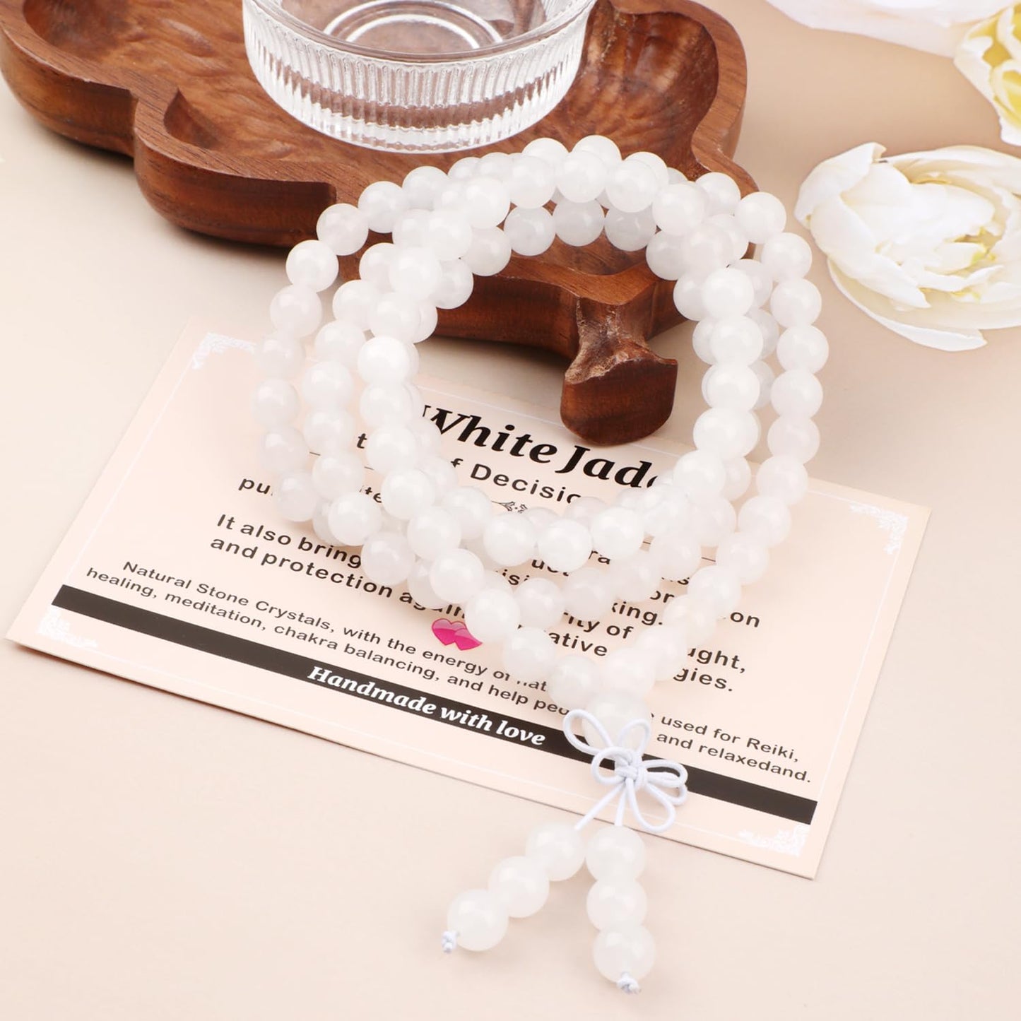 AD Beads 8mm 108 Prayer Mala White Jade Elastic Bracelet - Decision Making - Handmade Yoga Meditation Healing Power Energy Gifts for Unisex Adult.