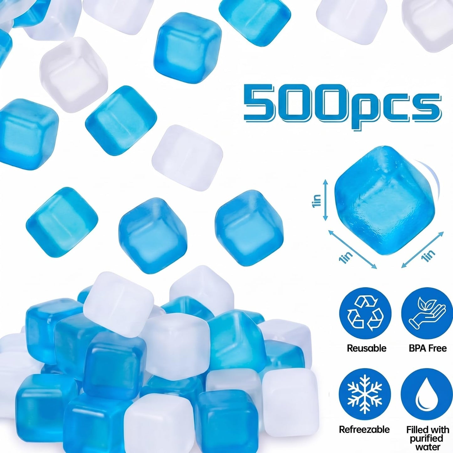 Teyva Daily 500 Pcs Reusable Ice Cubes for Cooler Bulk Refreezable Plastic Square Ice Cubes Without Diluting Large Frozen for Cooler Accessories Bars Drinks Camping Party (Blue and White)
