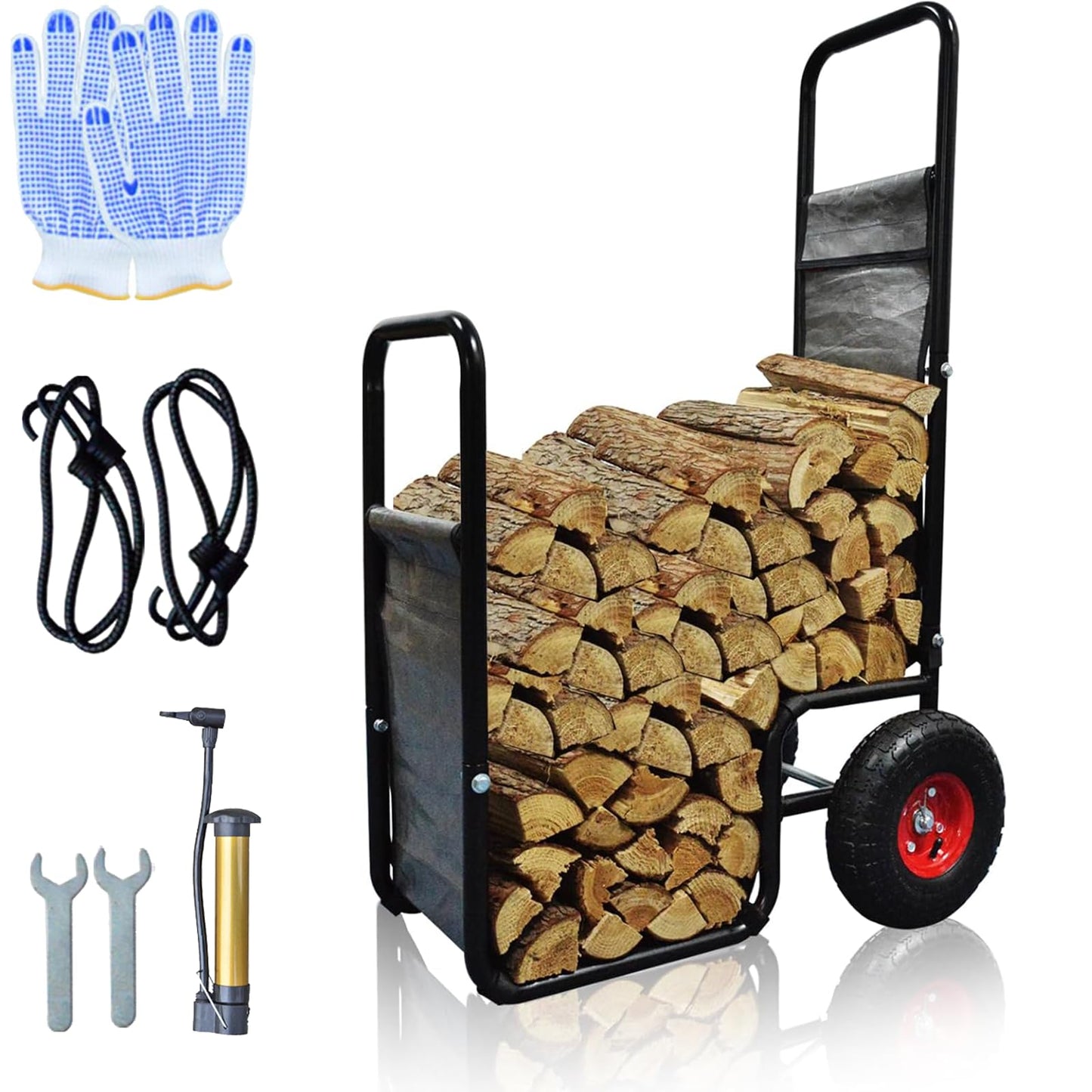 Doublehorse Firewood Cart with Pneumatic Wheel: 27 x 20 x 44 in Large Heavy Duty Metal Waterproof Portable Storage Rack - for Outdoor Camping Backyard Fireplace Indoor Use for Women Men