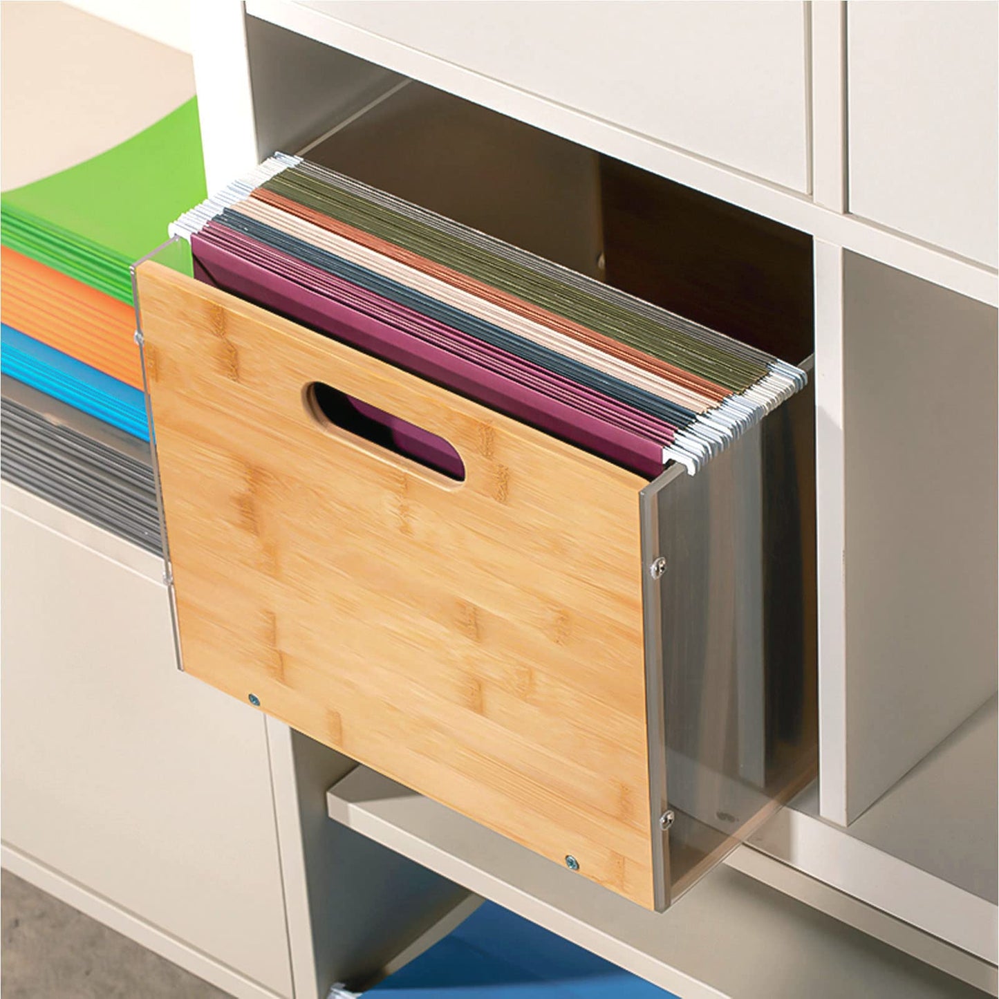 Sbanmao Clear Acrylic File Box Organizer, Bamboo Hanging Folder Storage Boxes, Filing Crate Bin Holder with Handle for Home Office Desk, Letter Size