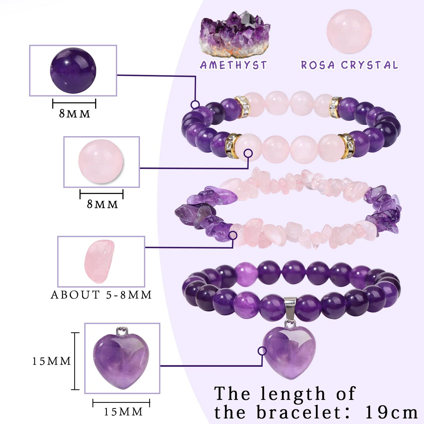 Vinswet Healing Crystal Beaded Bracelets for Women,Natural Amethyst Rose Quartz Gemstones Bracelet,Anxiety Stress Relief Heart Charm Bracelet Handmade purple Jewelry Gifts for Women (3pcs)
