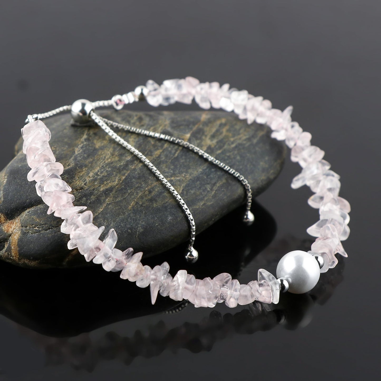 CRYSTALIS Natural Rose Quartz Beads Slider Bolo Bracelet with Elegant Pearl, High Grade Nuggets Crystal, Chakra Healing Gemstone, Gift Giving Women Jewelry, 925 Sterling Silver Slider 10 inch