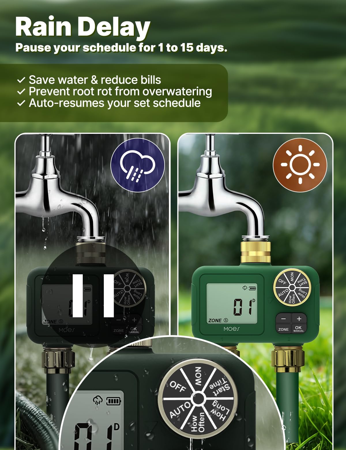 MOES 2 Zone Water Timer for Garden Hose, Heavy Duty Solid Brass Inlet & Outlets, Programmable Sprinkler Timer Battery Operated, Automatic Dual Faucet Valve with Sequential Watering (Non-WiFi)