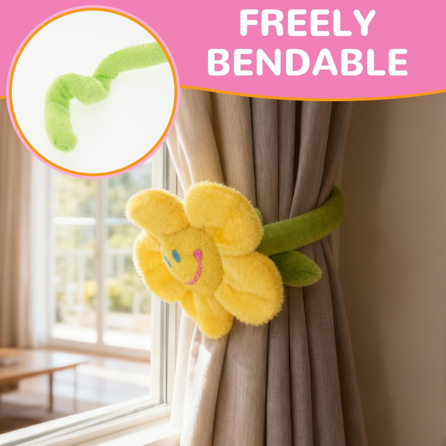 16 Pack Pastel Plush Flowers, Bendable Stems for Easy Curtain Tiebacks & DIY Bouquets, 12 Inch Stuffed Smiley Sunflowers, Soft Kawaii Artificial Room Decor for Teen Girls & Nursery Vibe