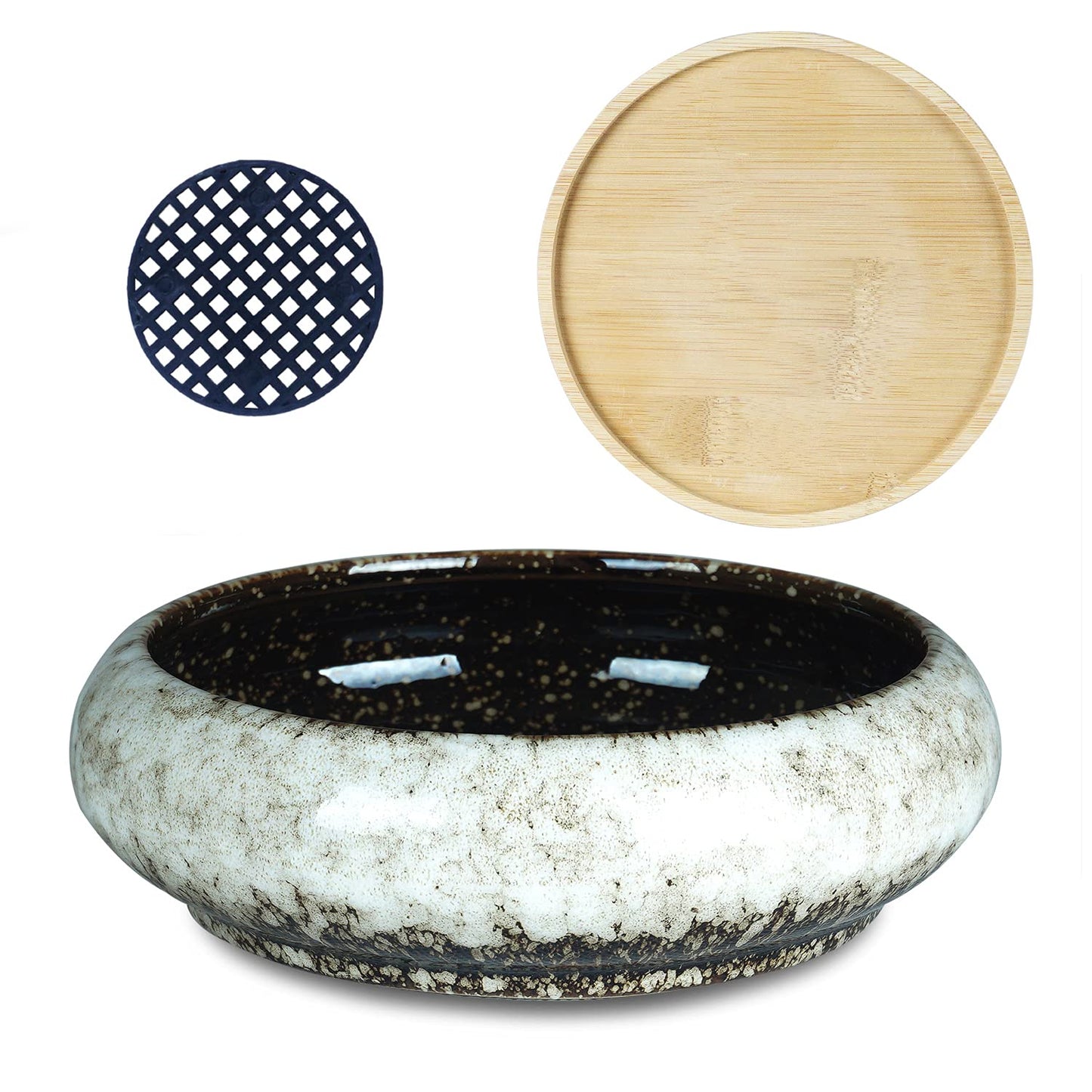 ARTKETTY Succulent Pots - 7.3 Inch Ceramic Bonsai Pot with Tray, Large Succulent Planters with Drainage, Shallow Planter for Indoor Cactus Plants Decorative Flower Plant Container Bowl