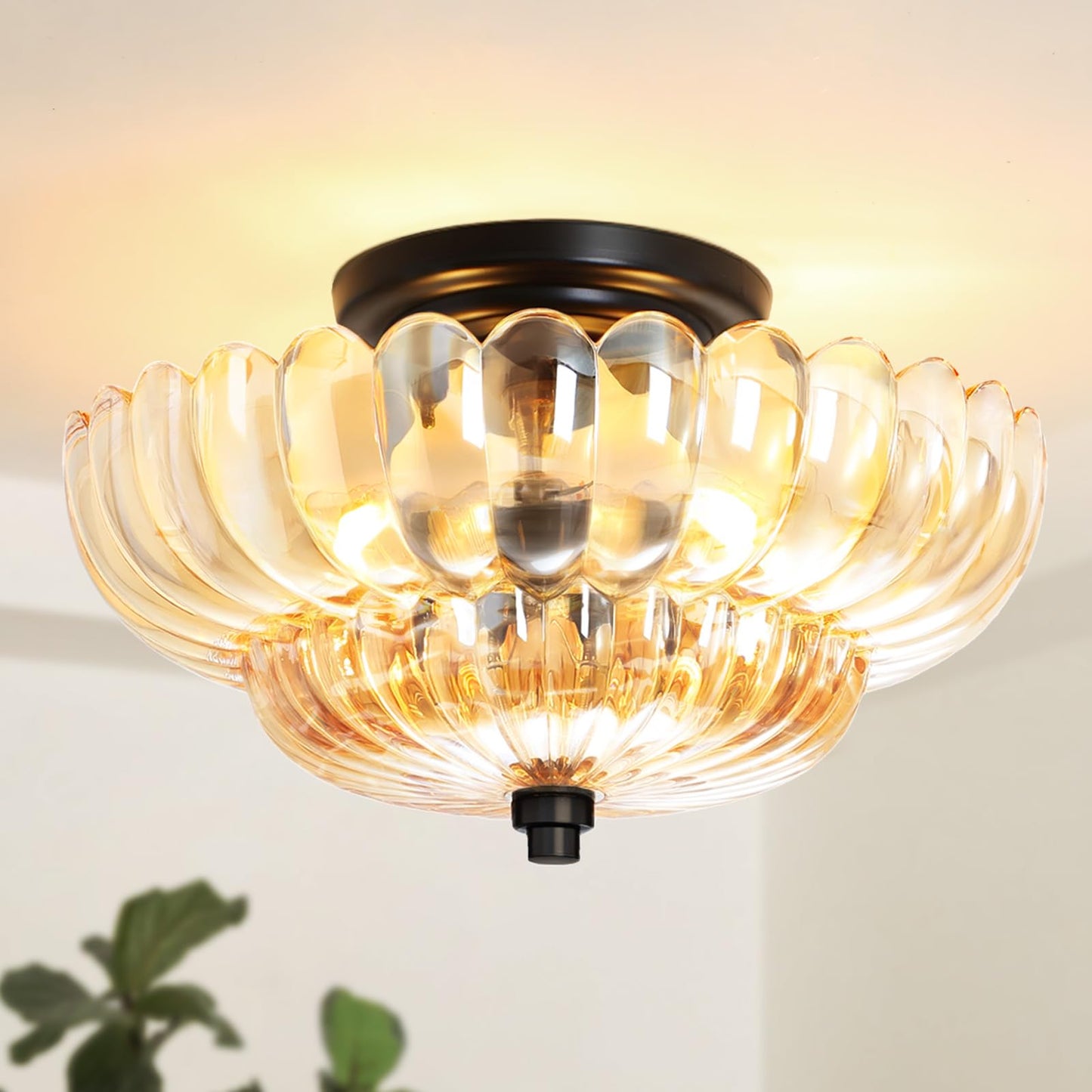 GloMuse Semi Flush Mount Ceiling Light Fixture Vinatge Black Ceiling Lights Mid Century Modern Glass Close to Ceiling Lighting Fixtures for Bedroom Hallway Foyer Bathroom Kitchen Laundry Room Nursery
