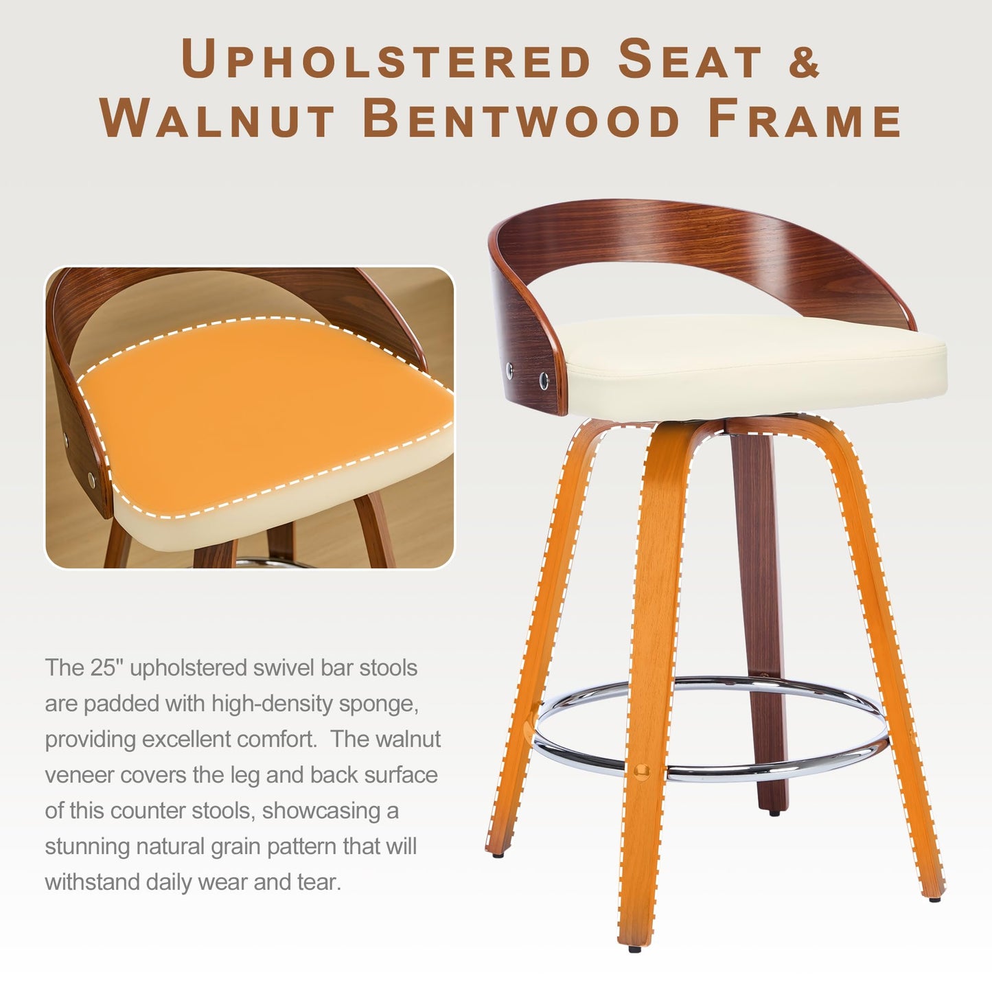 Swivel Bar Stools Set of 2, 24.6" Counter Height Bar Stools, Mid-Century Modern Design, Upholstered Walnut Barstools with Bentwood Curved Back and Legs, Suitable for Kitchen Island, Counter