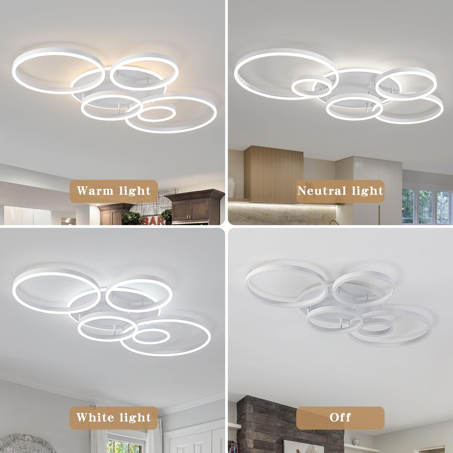 O'NEELDY Modern LED Ceiling Light White Flush Mount Ceiling Lights Fixtures Dimmable 47" Dining Room Light Fixture with Remote 6 Rings Kitchen Lighting Fixtures Ceiling Lamp for Bedroom,Living Room