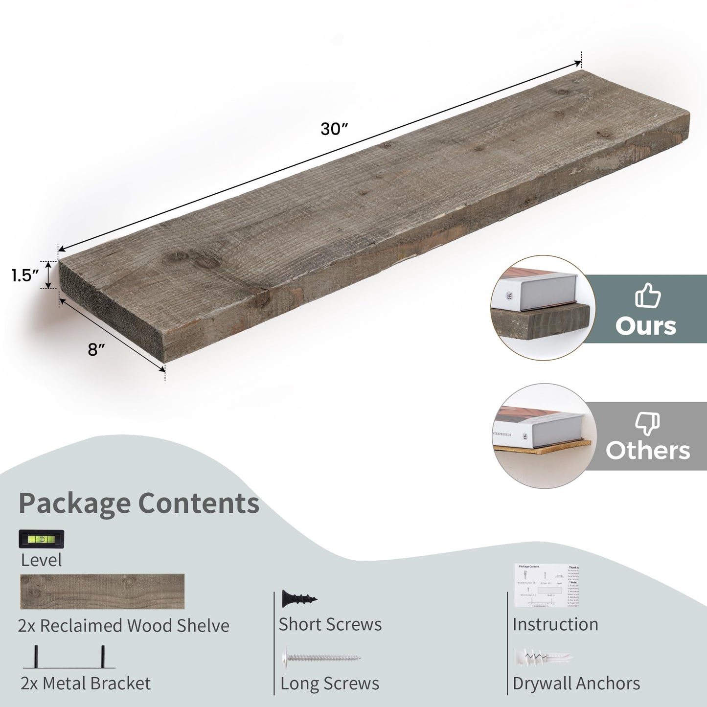 FLYJOE Floating Shelves, 8 Inch Deep Rustic Solid Reclaimed Wood Wall Shelves for Storage, Wall Mounted Display Shelving with Invisible Heavy-Duty Metal Bracket, 30 Inch Width Set of 2, Grey
