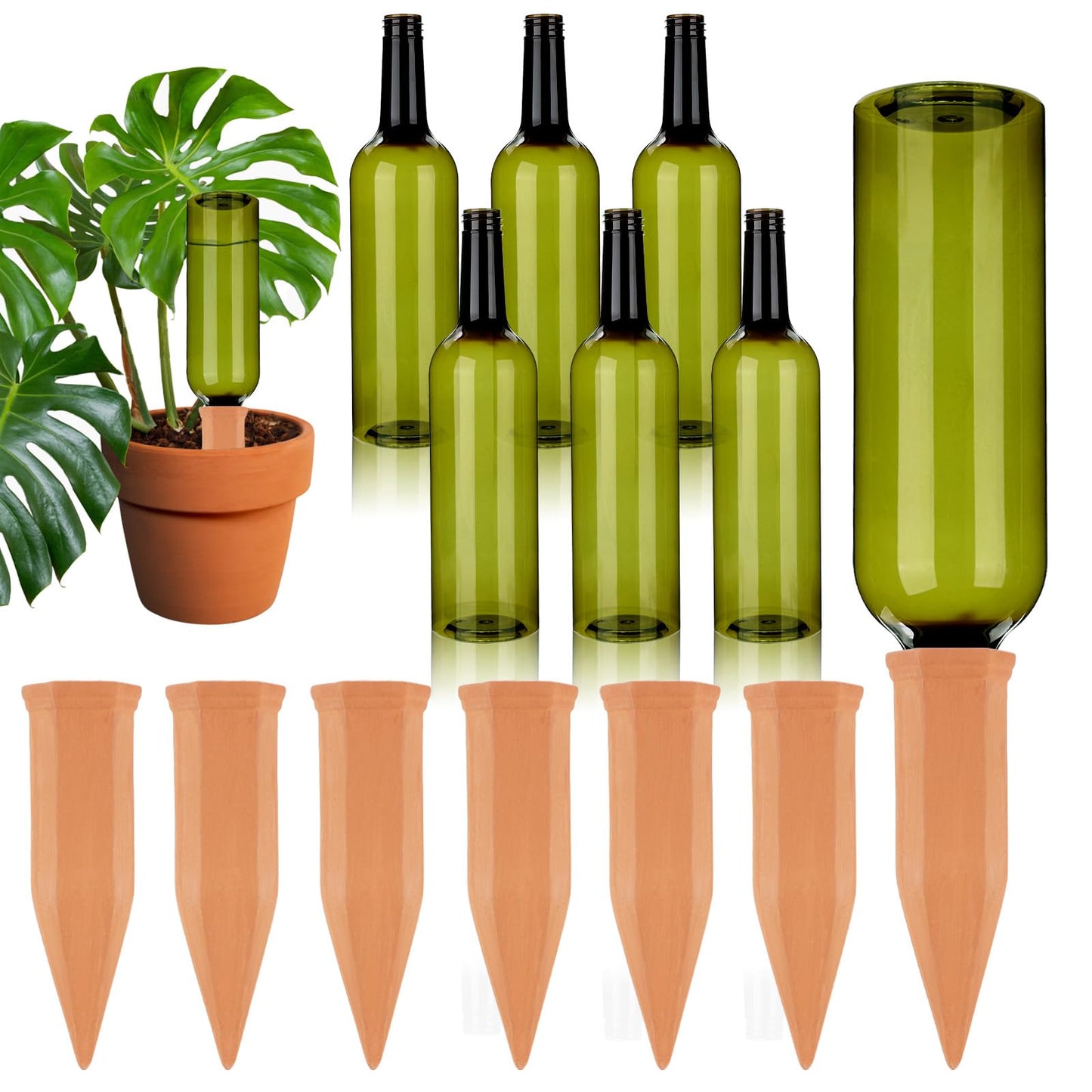 TINSKY 6 Sets Plant Watering Devices Terracotta Self Watering Spikes and 26 Oz Plastic Green Bottles Slow Release Vacation Plant Waterer Automatic Planter Insert for Indoor Outdoor Plants