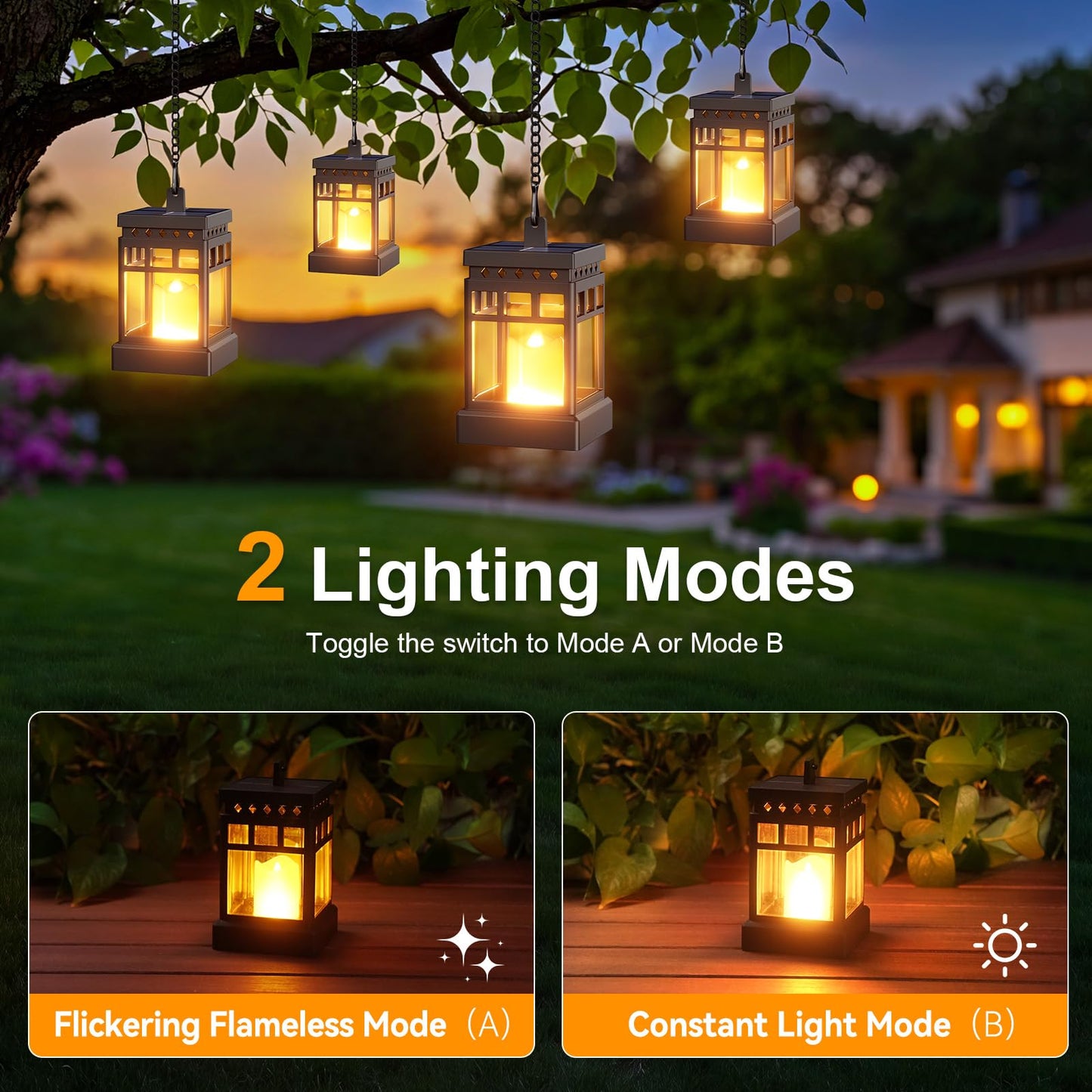 KOOPER Solar Lanterns Outdoor Waterproof, 2 Modes Hanging Solar Lantern with LED Realistic Flickering Flameless Candle, Candles Lanterns Lights Decorative for Outside Hanging Patio Yard Table Tree
