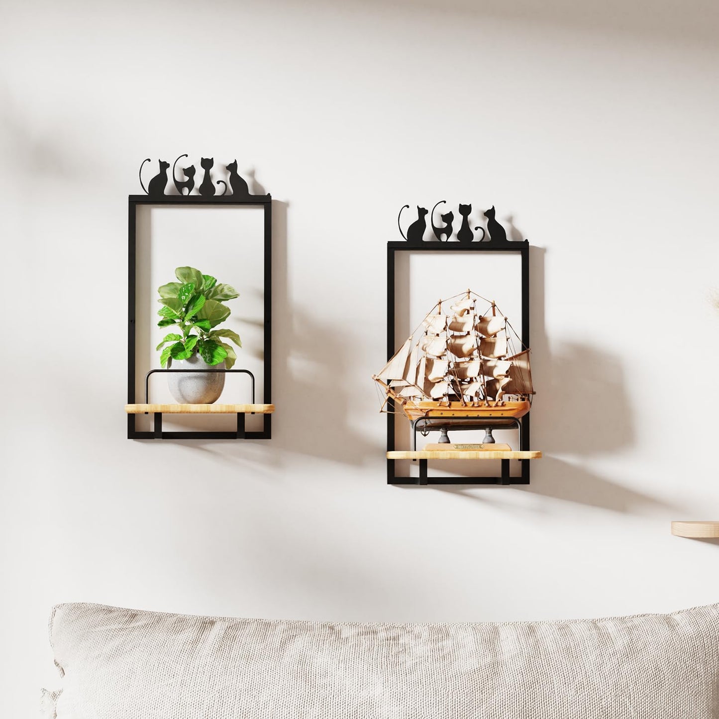 Shineled Wall Planter for Indoor Plants 2 Pack, Wall Mounted Plant Holder for Small Plants, Floating Wall Shelf for Plants, Real Oak Wood, Magnetic Animal Decor, Home Wall Decor (Cat)