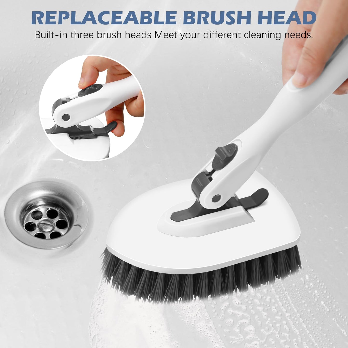 SetSail Floor Scrub Brush, 3-in-1 Tile Tub Floor Scrubber with 52-inch Adjustable Long Handle Shower Cleaner Brush and 4 Detachable Replacement Brush Heads for Cleaning Bathroom Tub Tile, White Grey