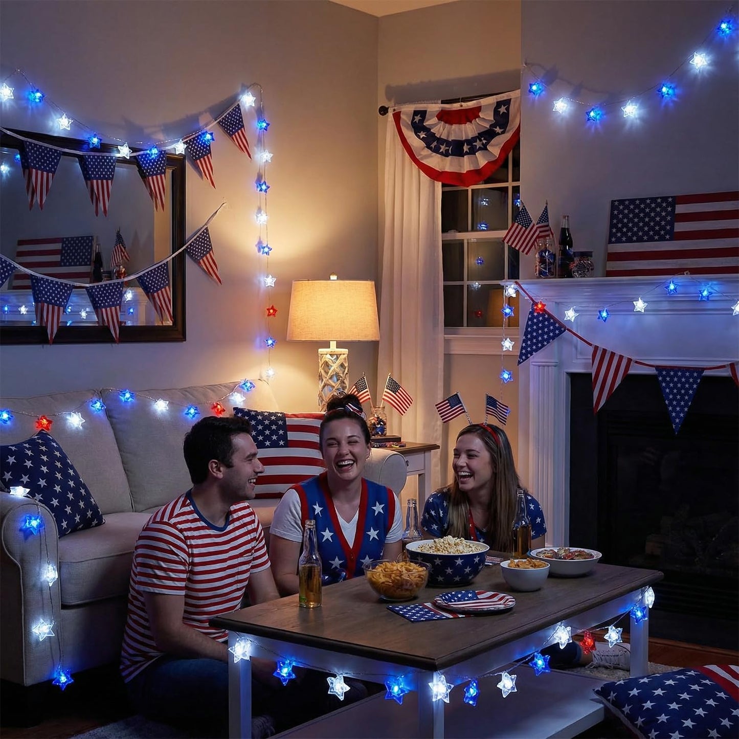 100 LED 4th of July Decorations American Star Fairy Lights Battery Operated, 2 Sets Mini Red White and Blue Star Twinkling Lights Remote & Timer with 8 Modes for Home Memorial Day Patriotic Decor