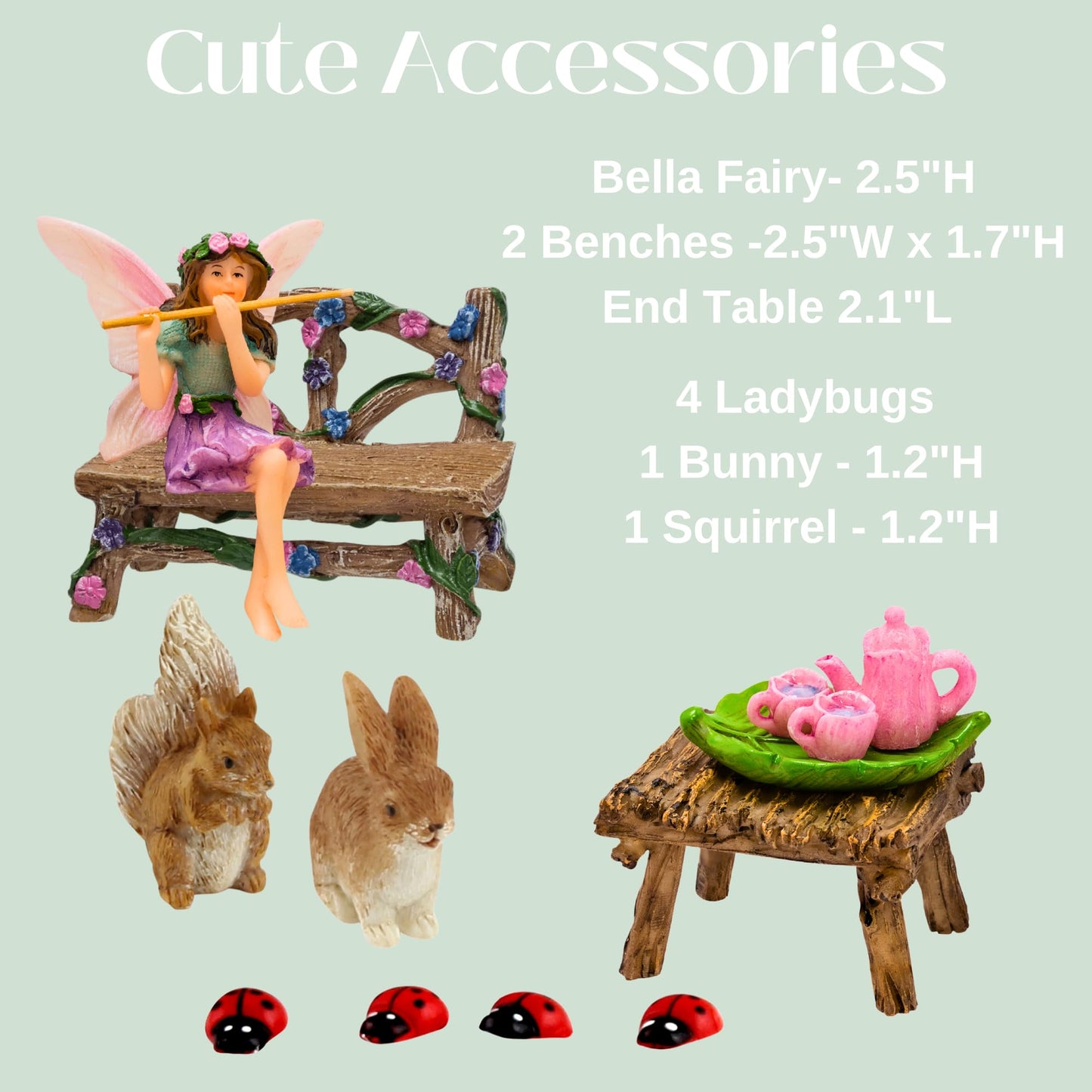 PRETMANNS Fairies for Fairy Garden Accessories for Outdoor - Figurine Bella and Furniture for Miniature Set with Squirrel, a Bunny, 4 Ladybugs - Ideal for Fairy Garden Starter Kit - 14 Piece Supplies