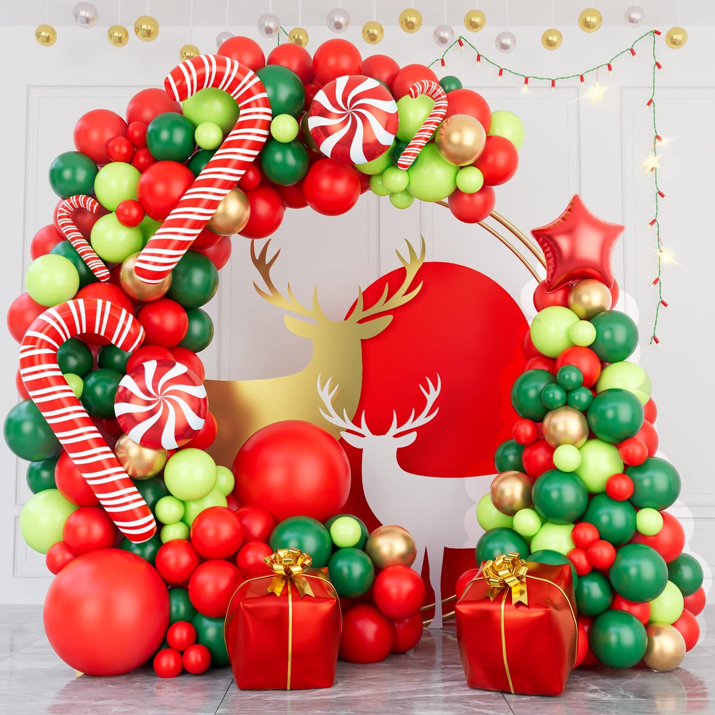 144 Piece Christmas Balloon Garland Arch kit with Xmas Red Gold Fresh Green and Dark Green Balloon Candy Balloons Gift Box Balloons Red Star Balloons for Christmas Party Decorations