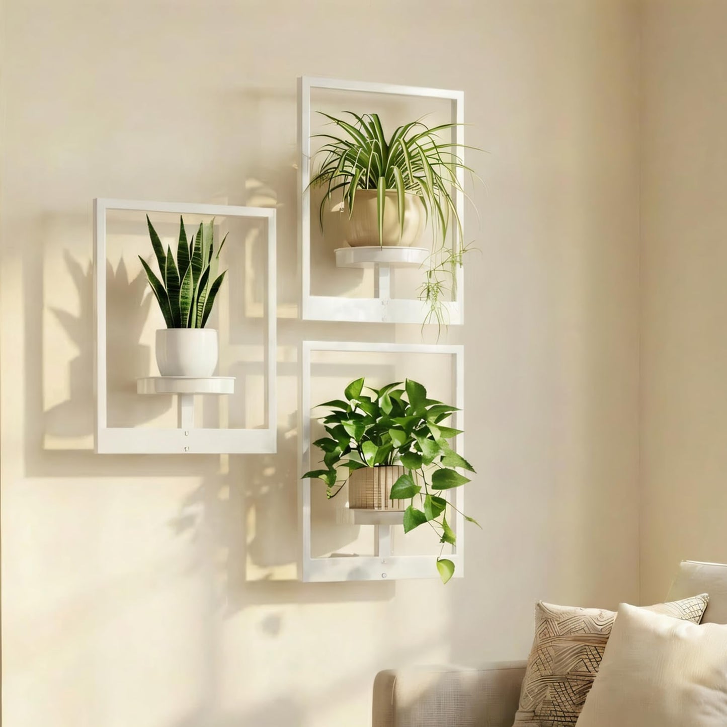 bbteroiu Picture Frame Wall Planters Set of 3, Modern Metal Hanging Shelves for Plants, Rustproof Wall Mount Flower Pot Holder for Indoor Outdoor, Decorative Plant Stand for Living Room Patio, White