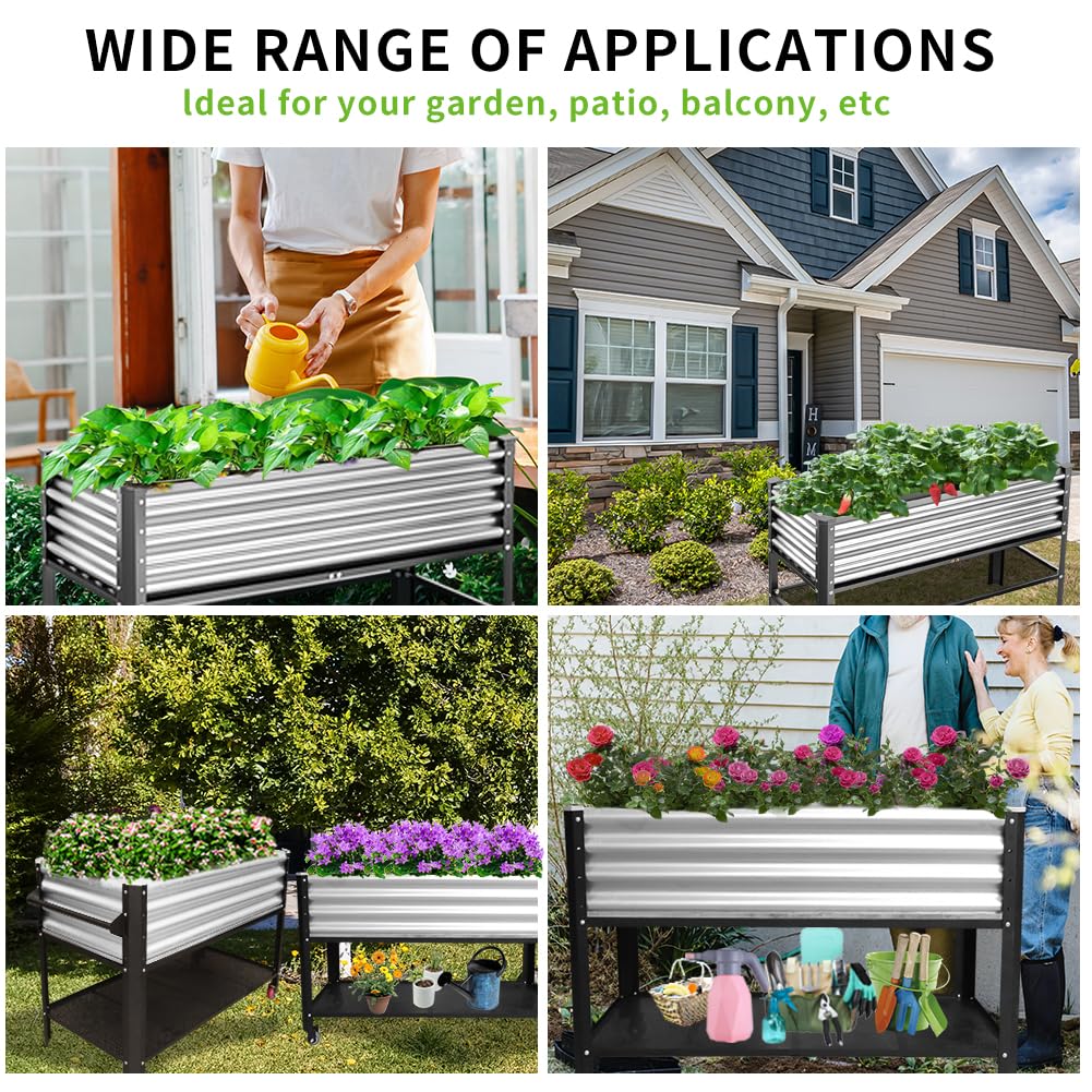 Megawodar Elevated Metal Raised Garden Bed, Large Outdoor Metal Planter Box Big Flower Plant Pot for Planting Flowers Vegetables and Herbs (Silver, Medium)