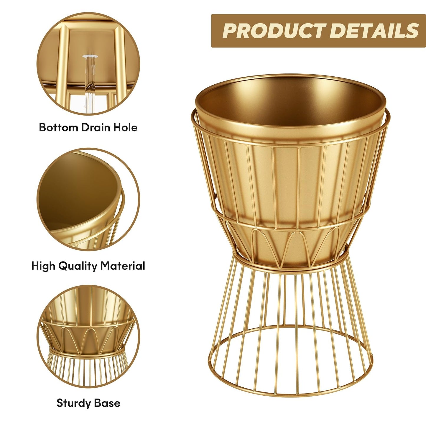 Ecomosita Planter with Stand Gold Metal Plant Pot with Stand - 12 Inch Unique Modern Flower Pots Indoor with Gold Plant Stand with Drainage, 2 Pack