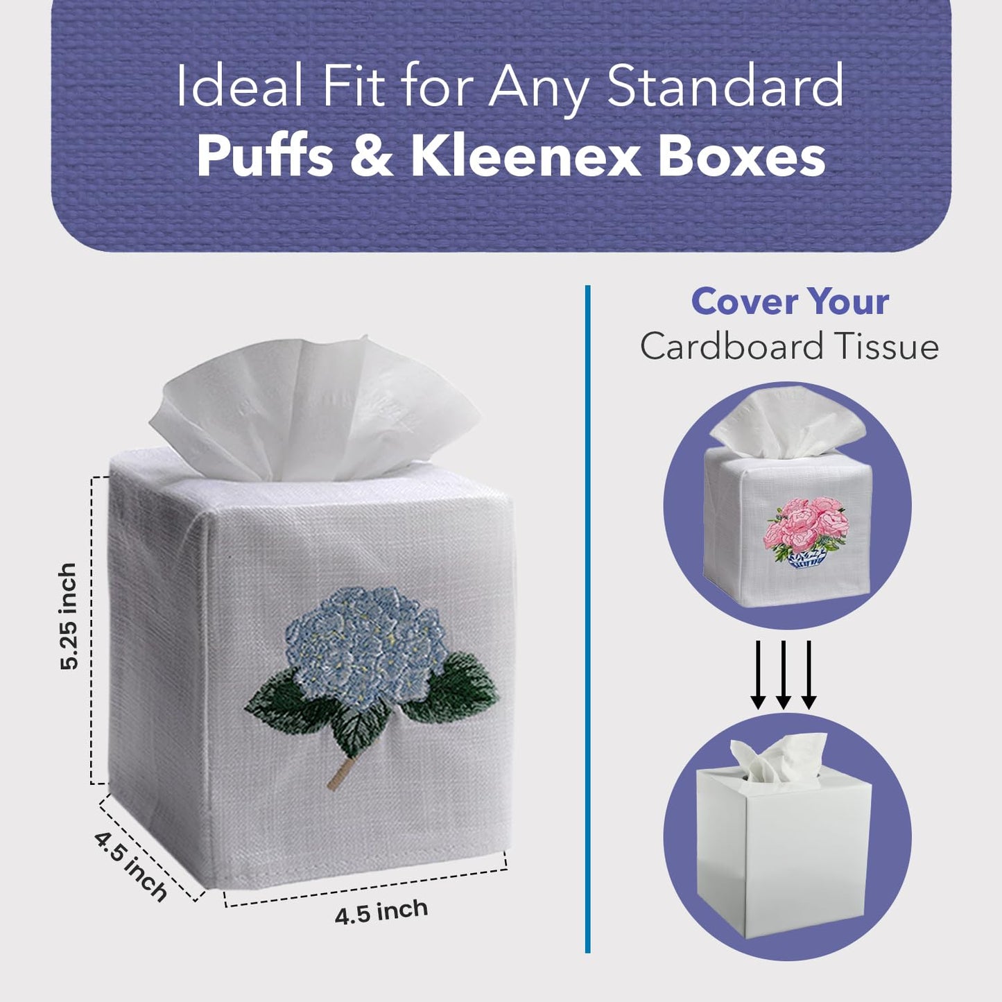 Jacaranda Living Square Tissue Box Cover, Linen/Cotton Fabric Tissue Holder, Decorative Cloth Tissue Cube Cover, Cover, Botanical Designs, Potted Primrose (Pink)
