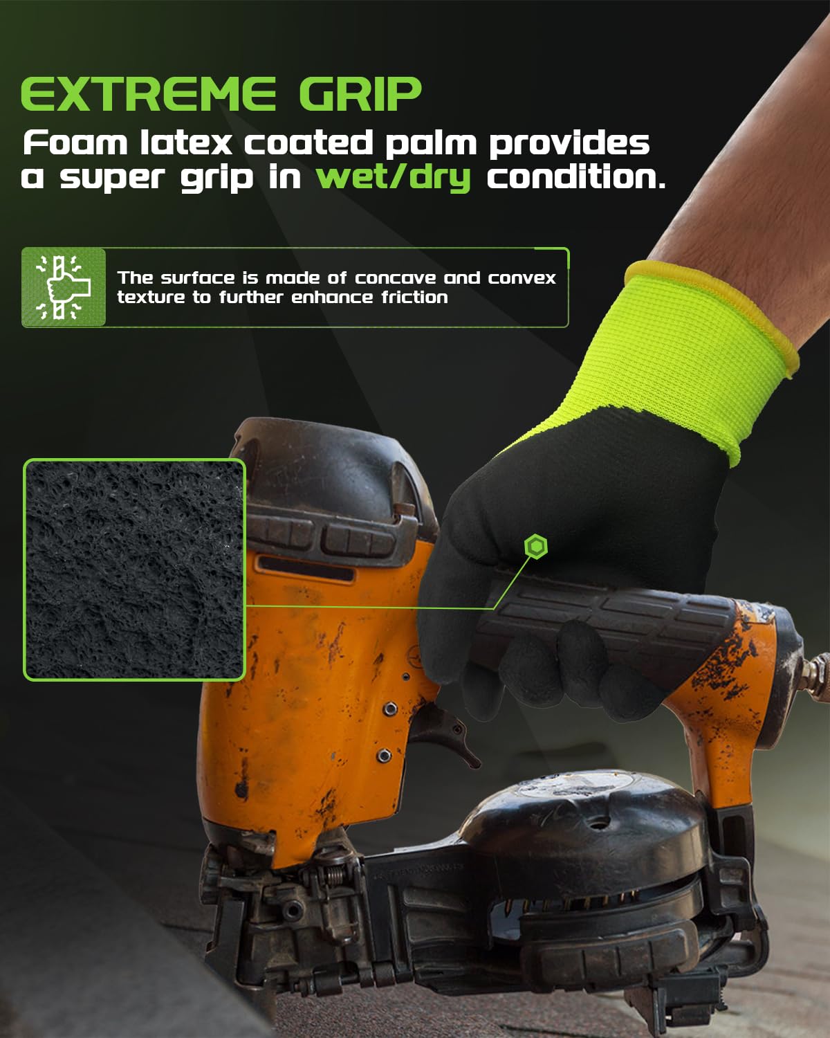 FJDZ SAFETY 13-gauge Seamless Nylon Shell Natural Rubber Foam Latex Coated Work Gloves Precision Handling, Construction, Warehouse,(Lime Green,Small)