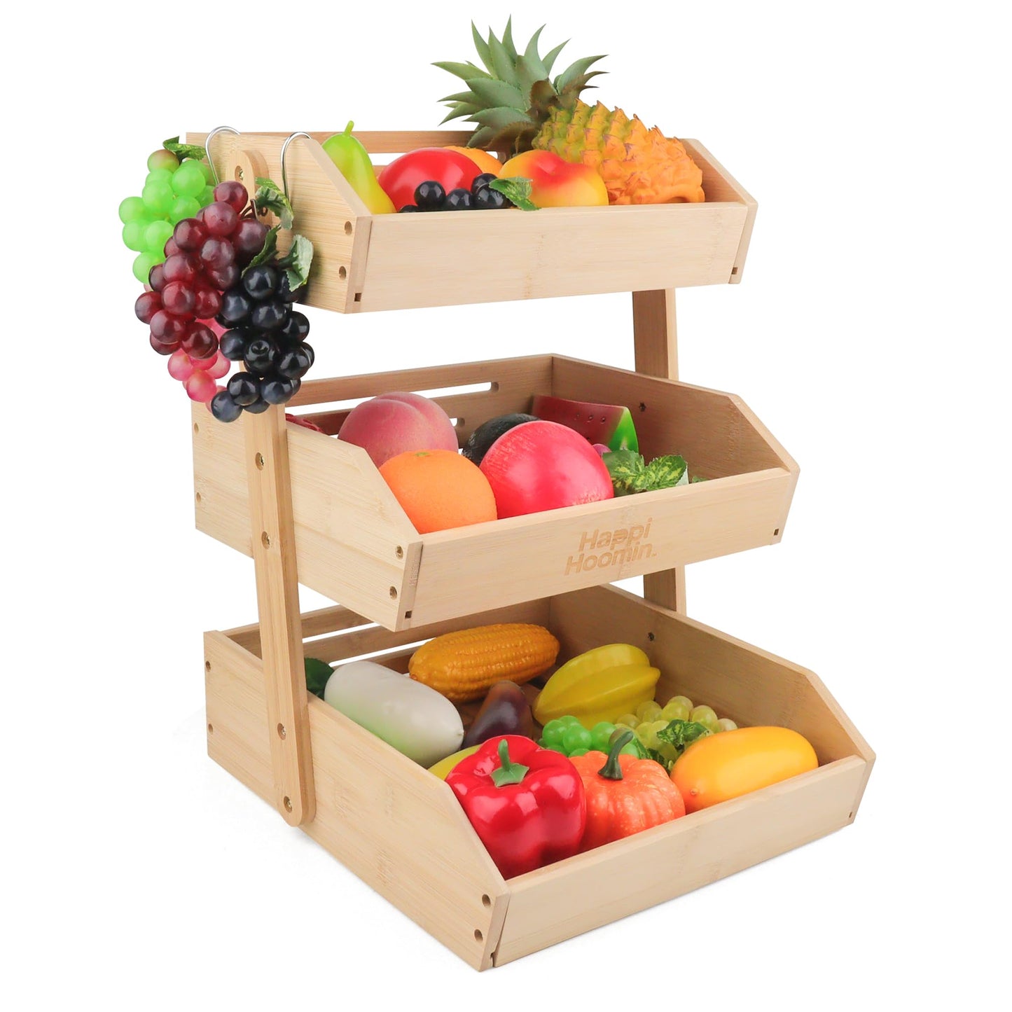 Happi Hoomin 3 Tier Fruit Basket for Kitchen Counter, Bamboo Fruit and Vegetable Storage Rack, Kitchen Organizer and Storage, Vegetable Baskets for Kitchen, Fruit Organizer, Frutero para Cocina