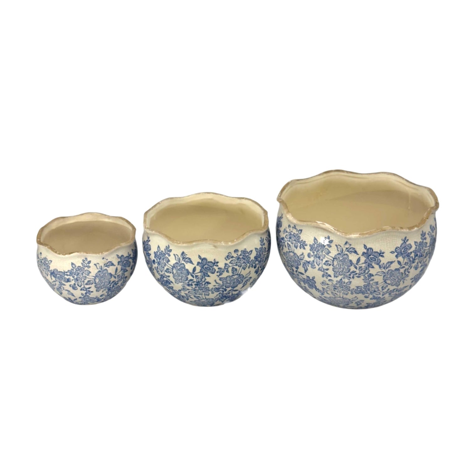Galt International Ceramic Plant Pots Set of 3 Rustic Vintage Farmhouse Cream Crackle Glaze (11"/ 9.6"/ 7") Garden Indoor Outdoor Flower Planter w/Drainage Hole (Vintage Blue)