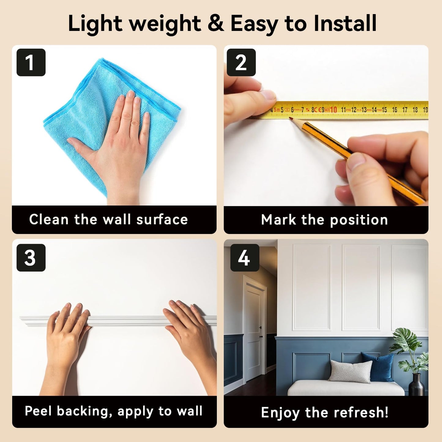 Upick Wall Molding Kit, Pre-Cut Peel and Stick Paintable Wainscoting Panels, Decorative Trim for Accent Walls (24"x54", 6-Frame Set)