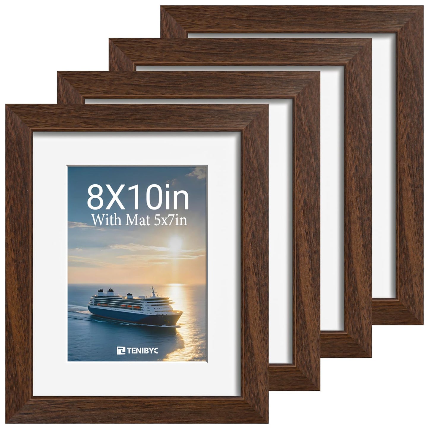 TENIBYC 8x10 Picture Frame Set - 4 Pack, Brown Solid Wood Photo Frames - Tempered Glass - Displays Photos 5x7 with Mat or 8 x 10 without - Room, Office, Gallery, and Hallway Decor - Wall Hanging