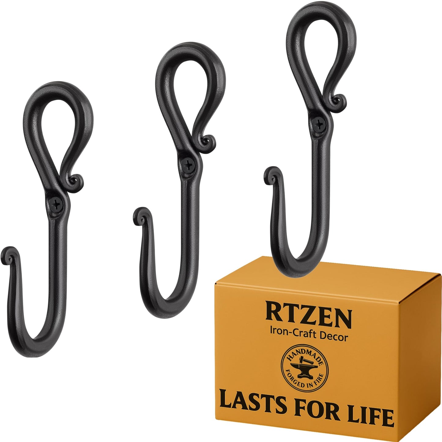 RTZEN Wall Mount Hook Set - Wrought Iron Decorative Rustic Metal Coat Hooks for Hanging - Handcrafted Classic Farmhouse Wall Mounted Black Hooks for Towel Robe or Hat Hanging - 3 Pack