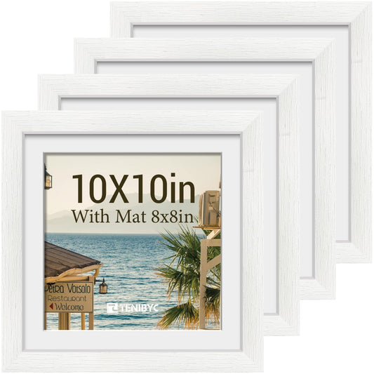 10x10 Picture Frame Set - 4 Pack, White Solid Wood Photo Frames - Tempered Glass - Displays Photos 8x8 with Mat or 10 x 10 without - Room, Office, Gallery, Studio, and Hallway Decor - Wall Hanging