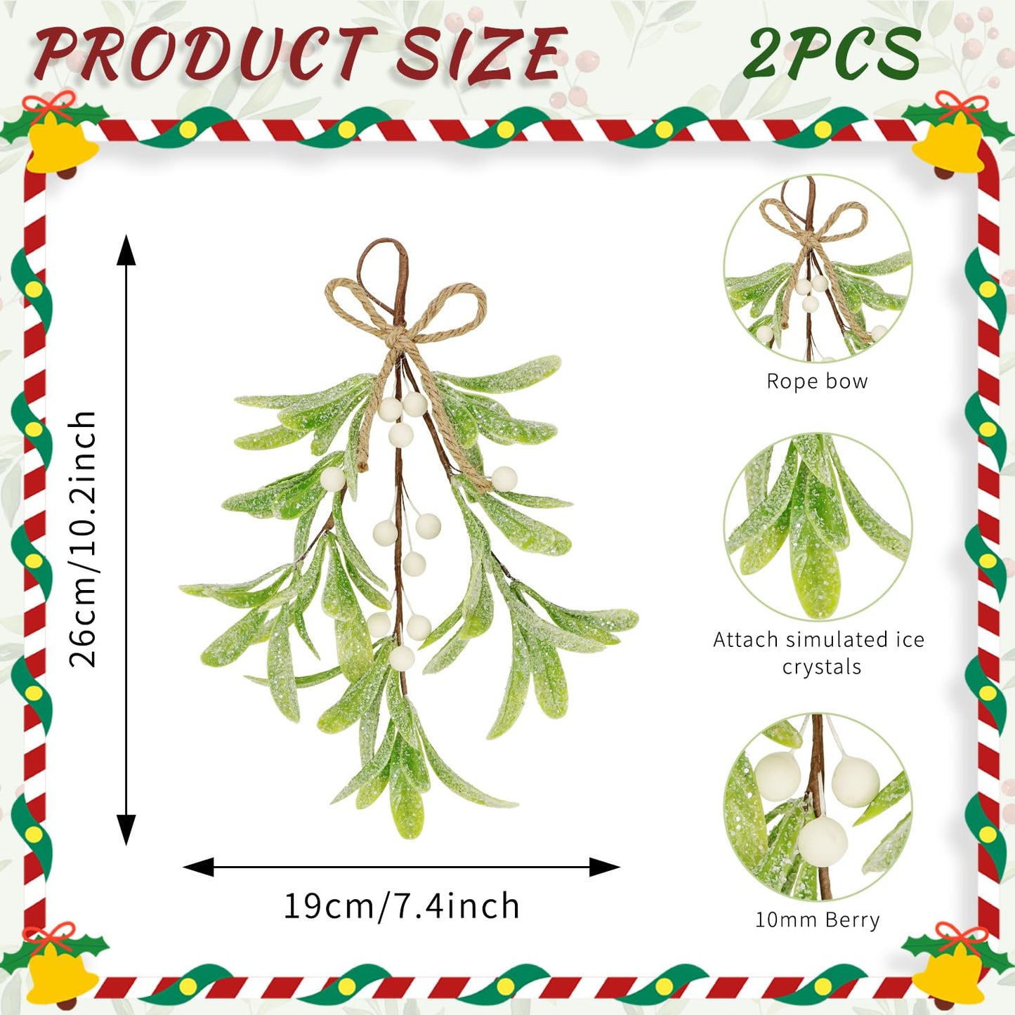2 Pcs Frosted Mistletoe Hanging Decorations, 10.6'' Artificial Mistletoe Ornament Hanging Kissing Ball with Berry for Christmas Winter Holiday Decor (2, White)