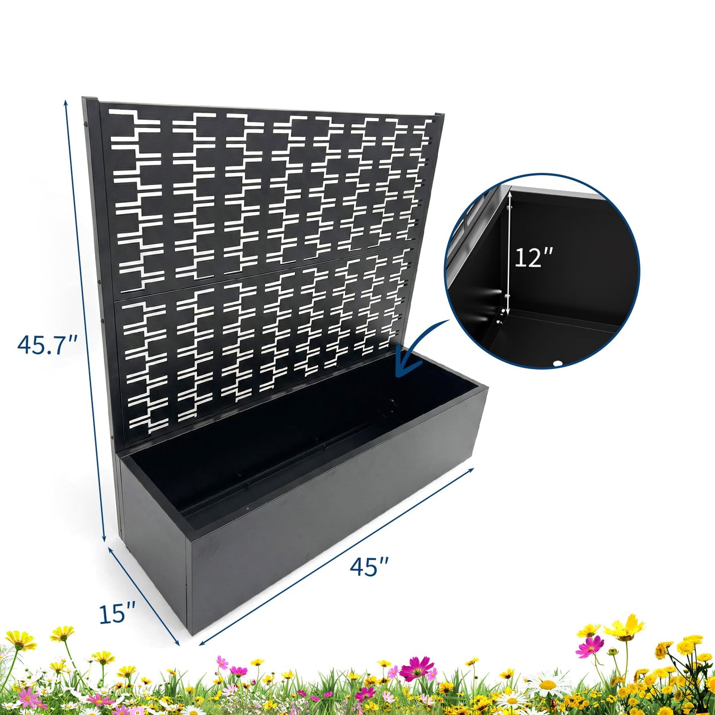 Garvee Metal Planter Box with Trellis, 45.7"x45"x15" Raised Garden Beds with Trellis for Climbing Plants Vegetables, Privacy Screen Planter Box with Drainage Holes for Patio Balcony, Black