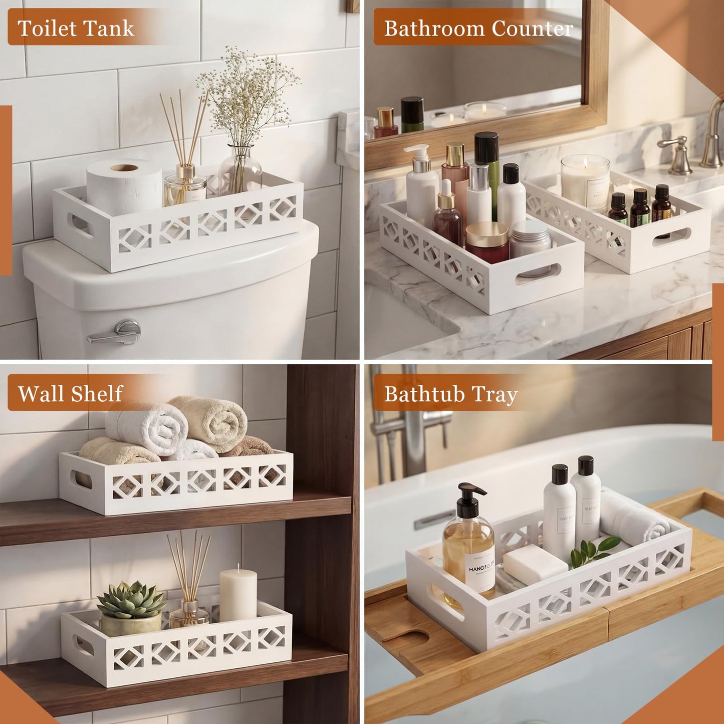 Qunclay 2 Pack White Toilet Tank Baskets Wooden Toilet Tank Top Paper Baskets with Handle Rustic Hollow Bathroom Paper Organizer Holders Farmhouse Decorative Bathroom Storage Box