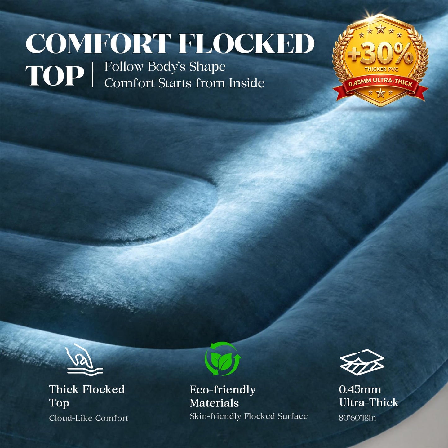 VOSSER Queen Air Mattress with Built-in Pump,18'' Raised Blow Up Mattress, Leak-Proof Air Bed with Storage Bag, Flocked Top Inflatable Mattress for Home, Camping & Guests