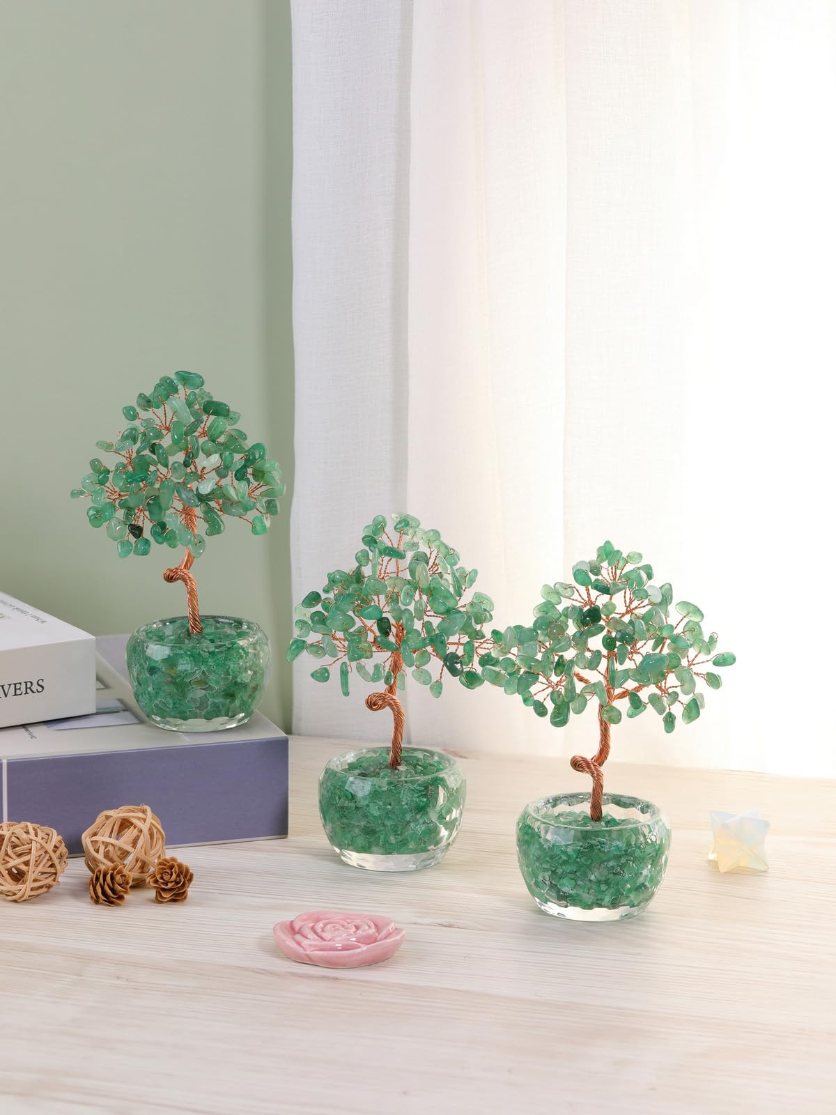 Top Plaza Healing Crystals Green Aventurine Crystal Tree with Glass Base Handmade Natural Gemstone Life Tree Mini Bonsai Money Trees Good Luck Home Office Desk Decor