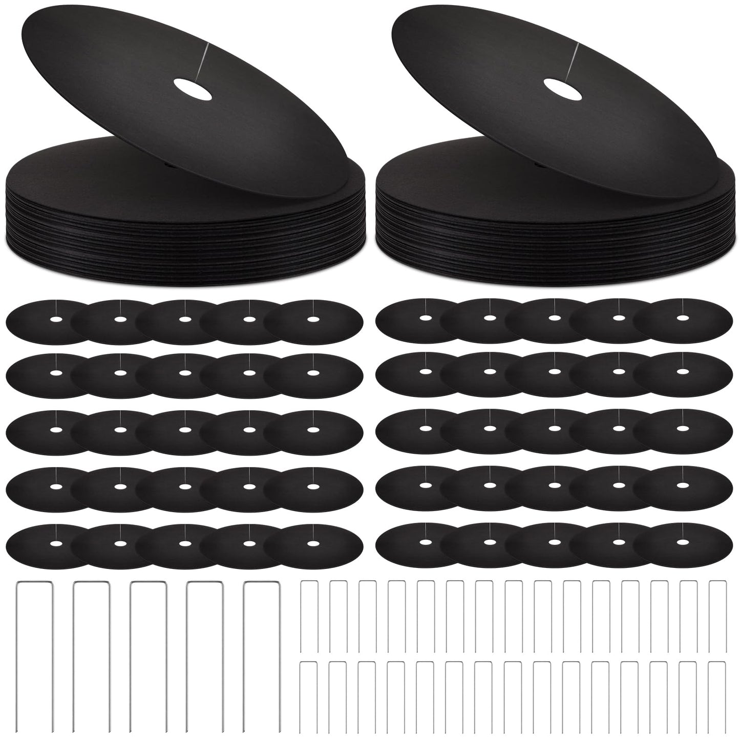 CrystalSylara 100 Pcs Non Woven Tree Mulch Ring Set with 50 Weed Barrier Mats 50 Garden Metal Stakes Thickened Black Tree Protectors Mulch Mat for Garden Plant Cover Root Fabric Protection(Large)