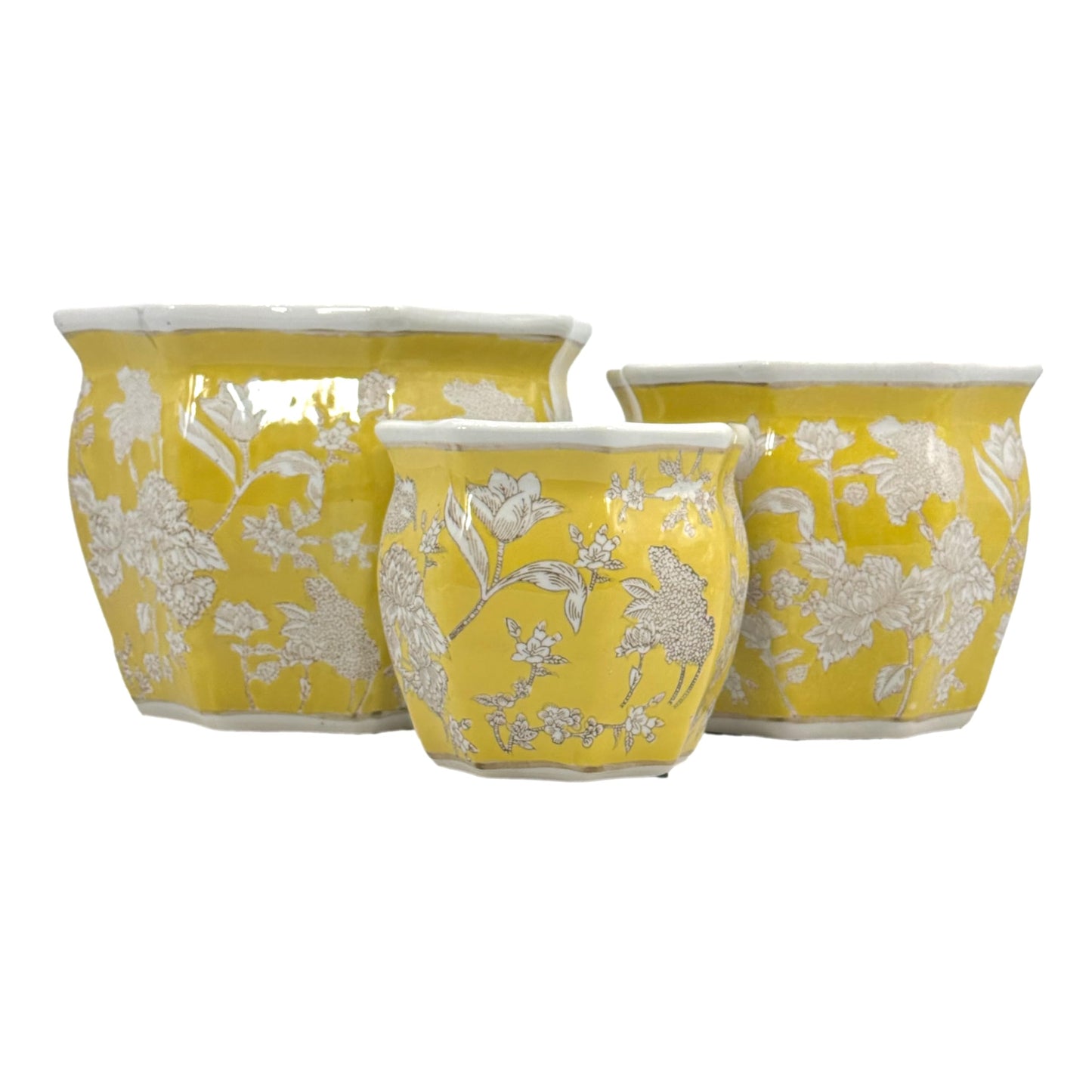 Galt International Yellow & White Round Fluted Floral Porcelain Ceramic Plant Flower Planter Pot Set of 3 (7.5", 10", 13") Garden Pots Chinese Asian Design