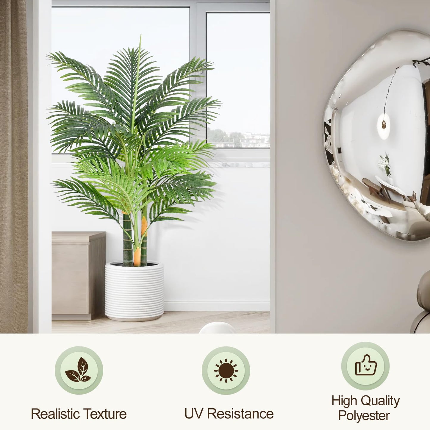 Keeplush 4ft Tall Triple Golden Cane Palm Artificial Tree Large Tropical Palm Tree UV Resistant Fake Plant in Pot for Indoor Outdoor Big House Living Room Outside Patio Office Home Decor 1Pack