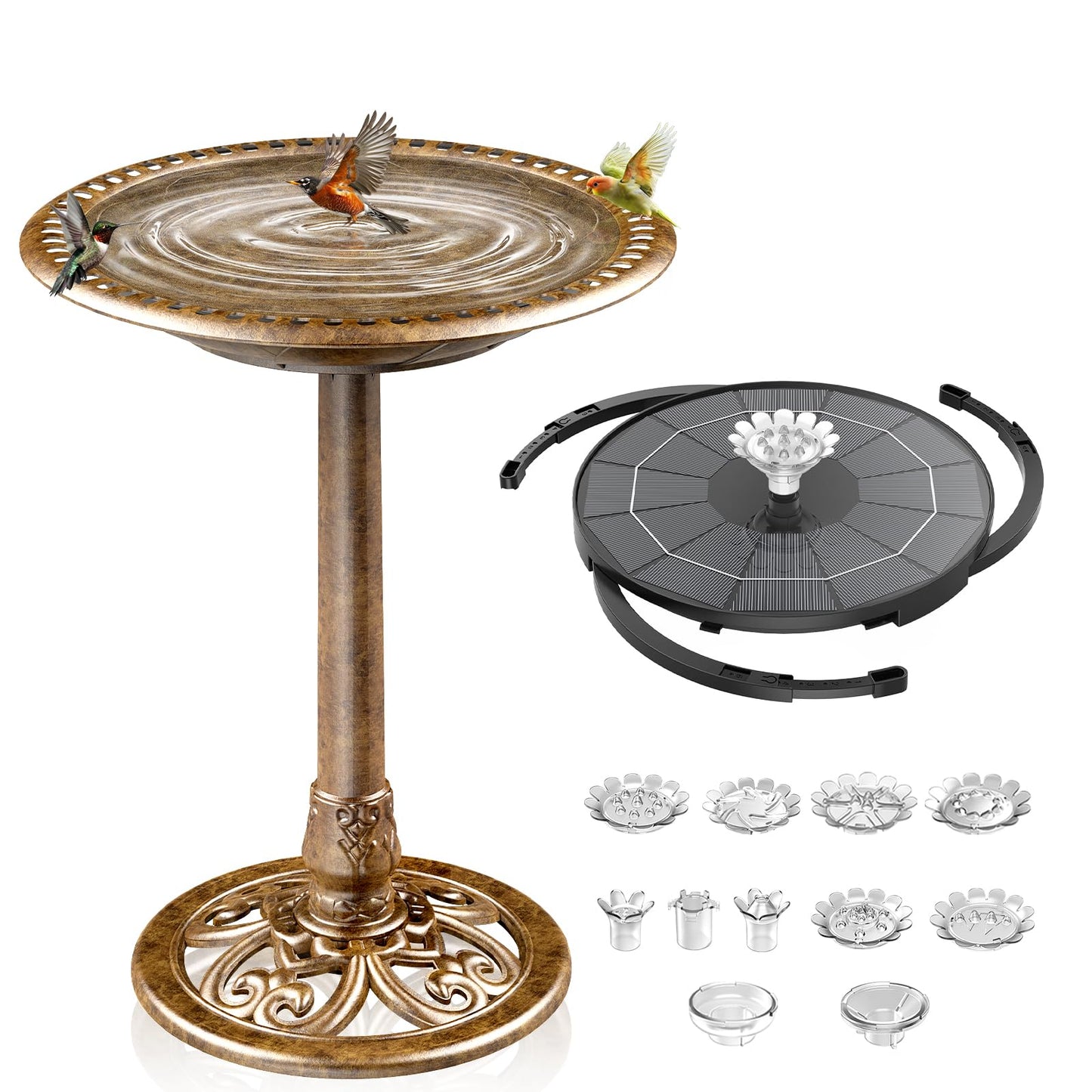 AISITIN 28 Inch Bird Bath with 3.5W Solar Fountain for Outside, Antique Copper Polyresin Pedestal Bird Baths for Outdoor Garden Courtyard Decor, Weather-Resistant Birdbaths with 20" Bowl & 8 Nozzles