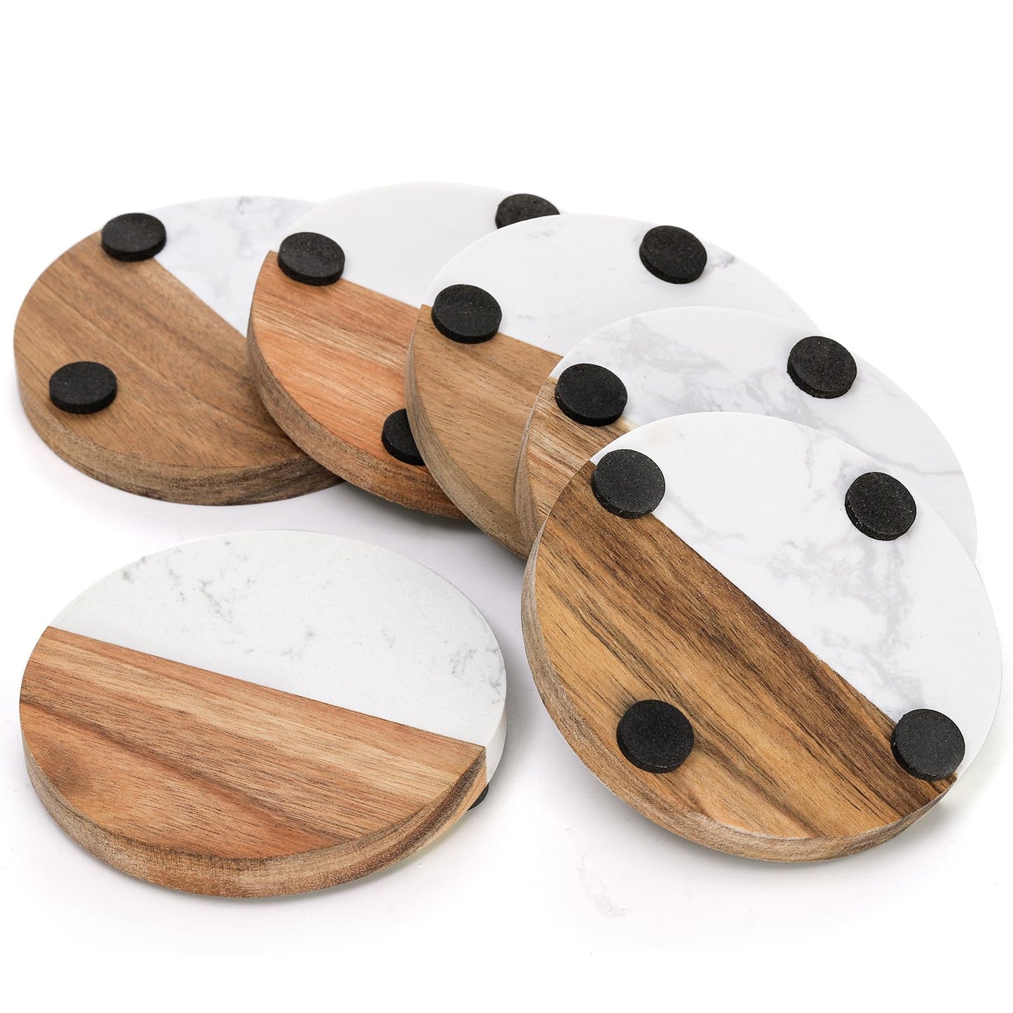 ZENFUN 6 Packs Marble Wood Coasters, Round Coaster, Handcrafted Artificial Marble Coasters Set for Your Drinks and Beverages, Tea, Coffee, Wine/Bar Glasses, Tabletop Protection Helper